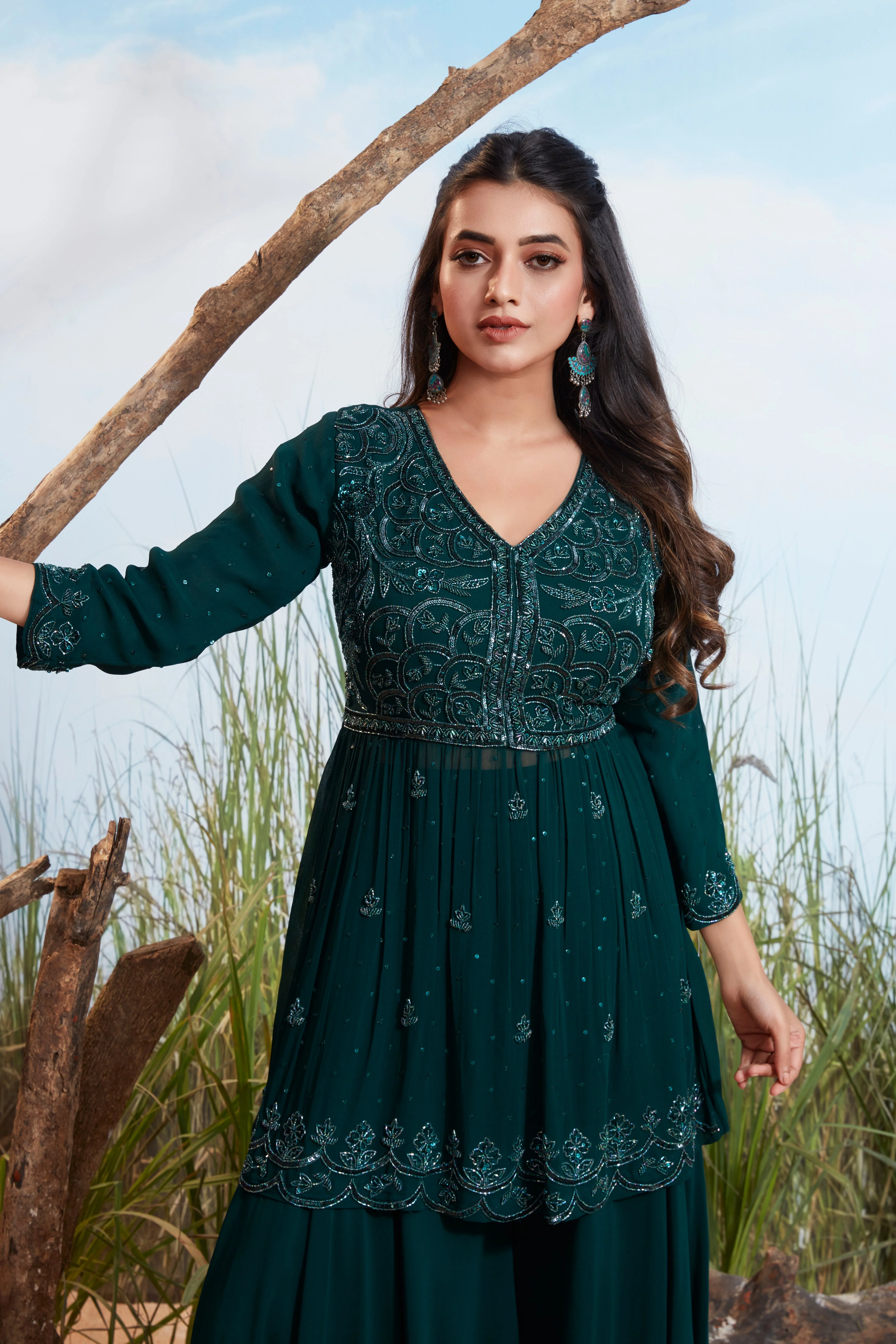 Deep Teal Green Embellished Georgette Silk Palazzo Set - Image 2