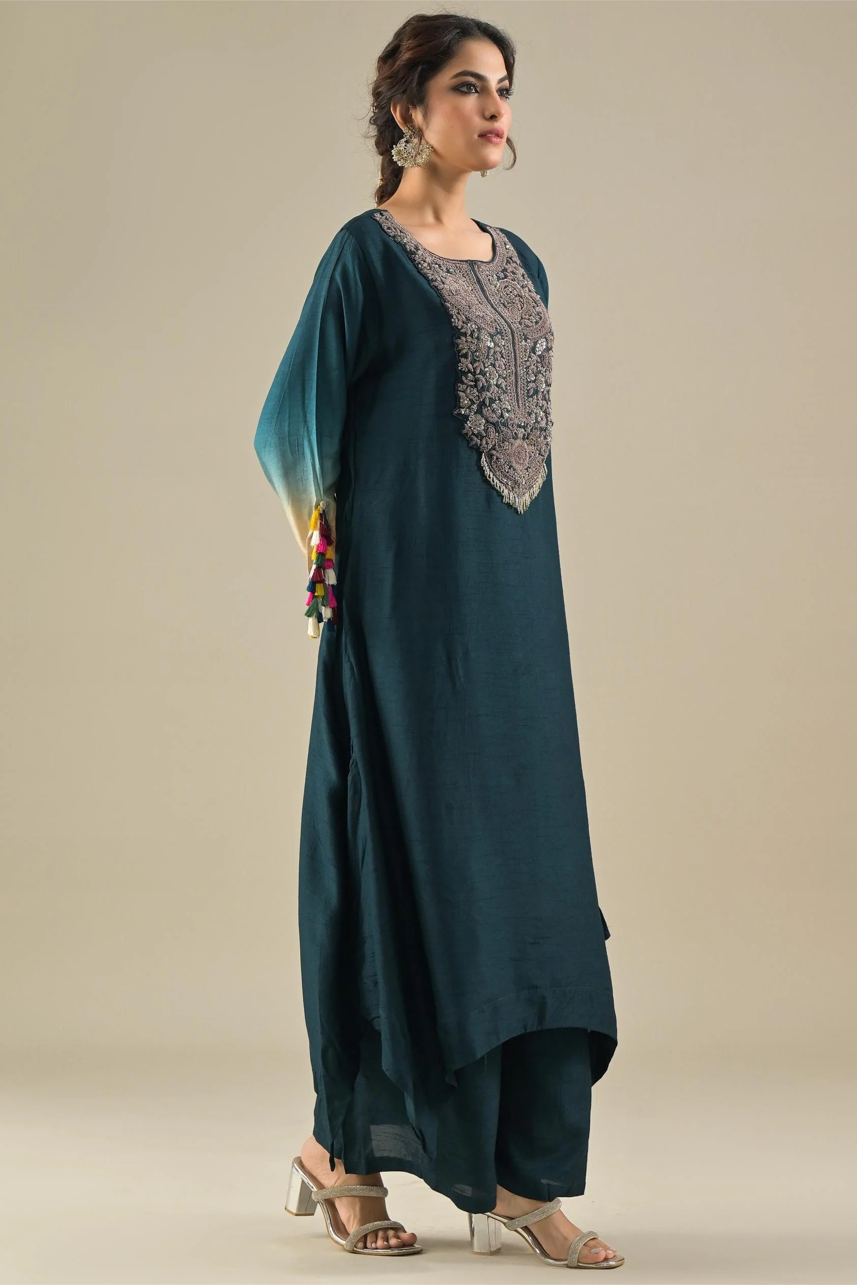 Deep Teal Embroidered Raw Silk Kurta & Palazzo Set - Image 3