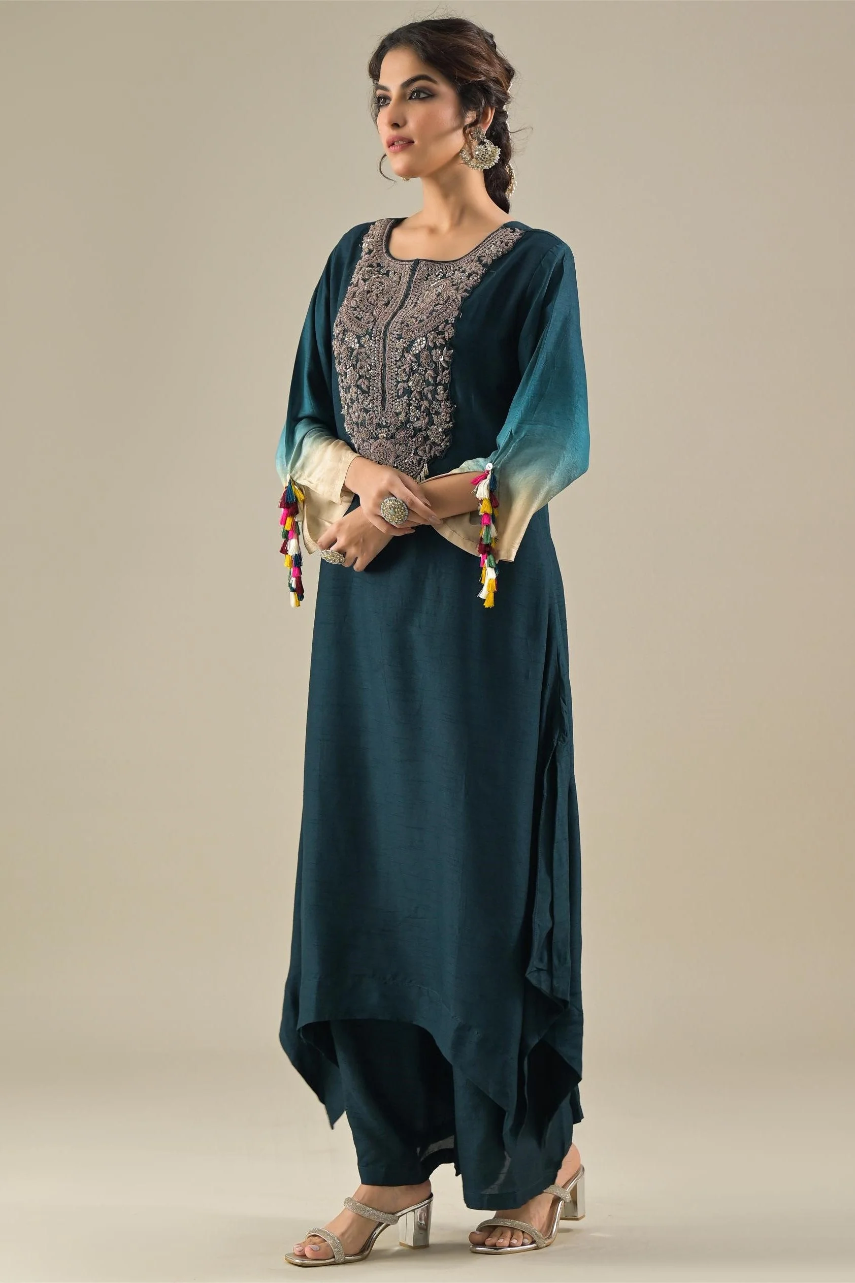Deep Teal Embroidered Raw Silk Kurta & Palazzo Set - Image 4