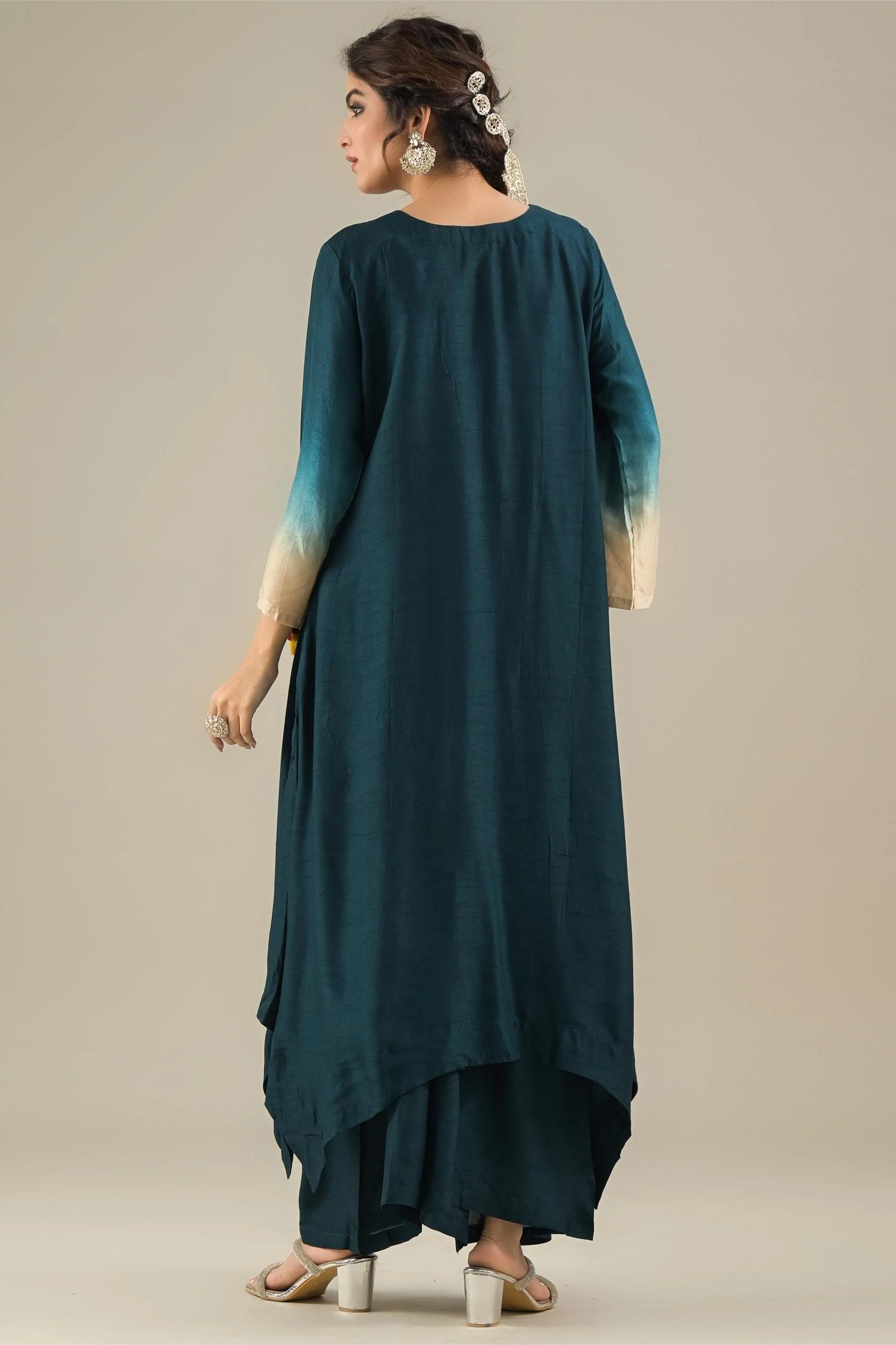 Deep Teal Embroidered Raw Silk Kurta & Palazzo Set - Image 5