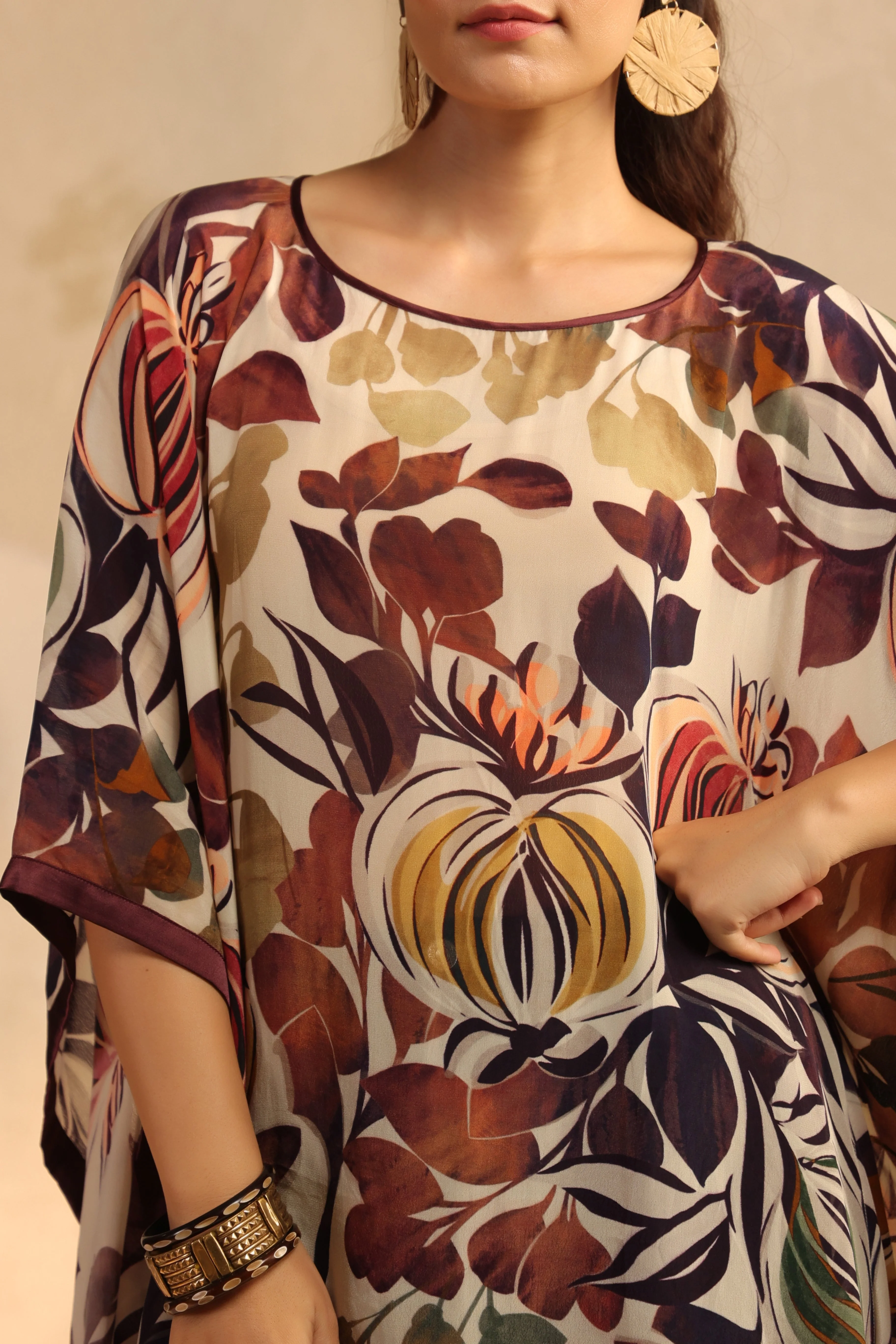 Light Beige Printed Viscose Crepe Kaftan Top - Image 2