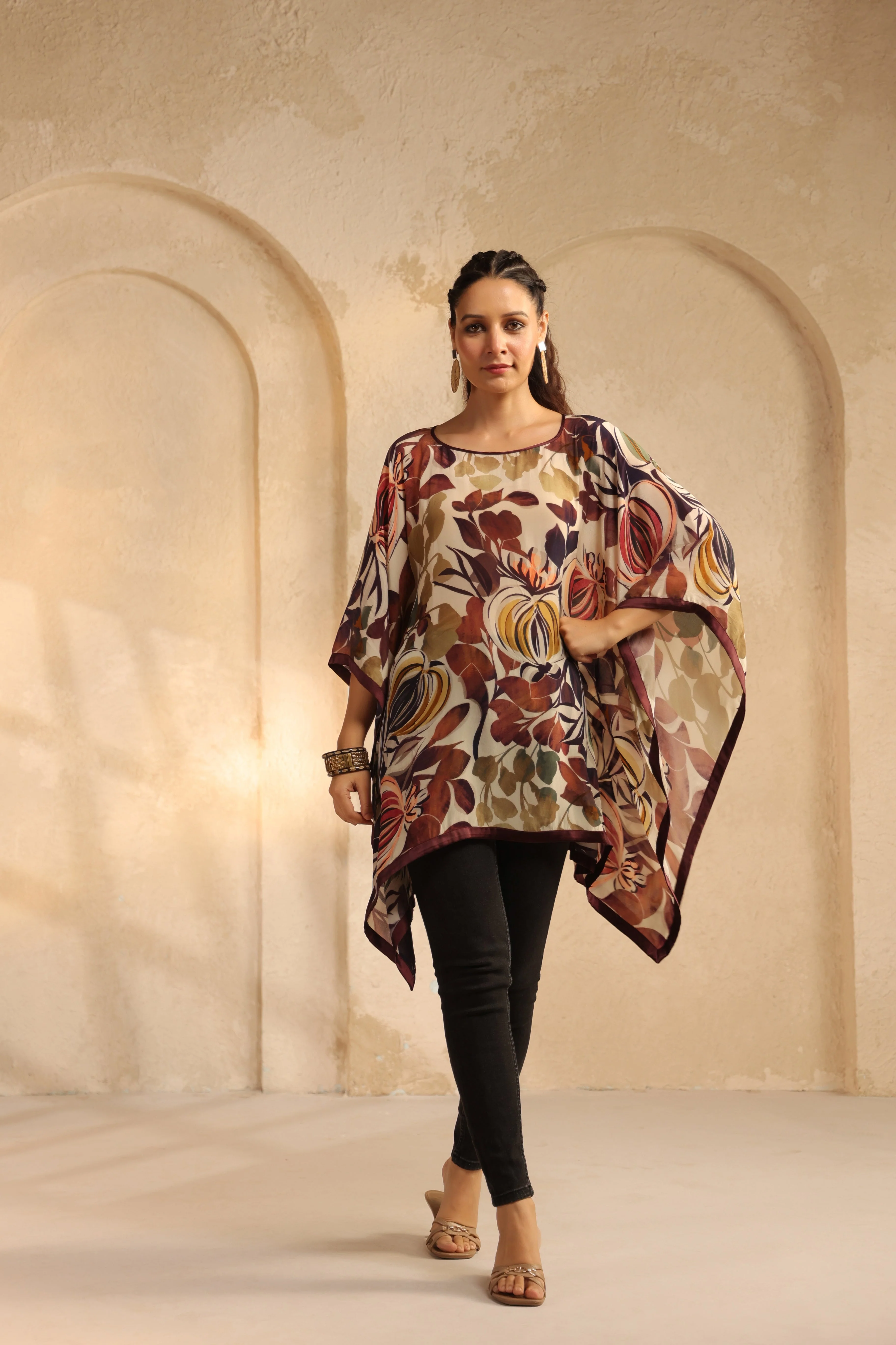 Light Beige Printed Viscose Crepe Kaftan Top - Image 3