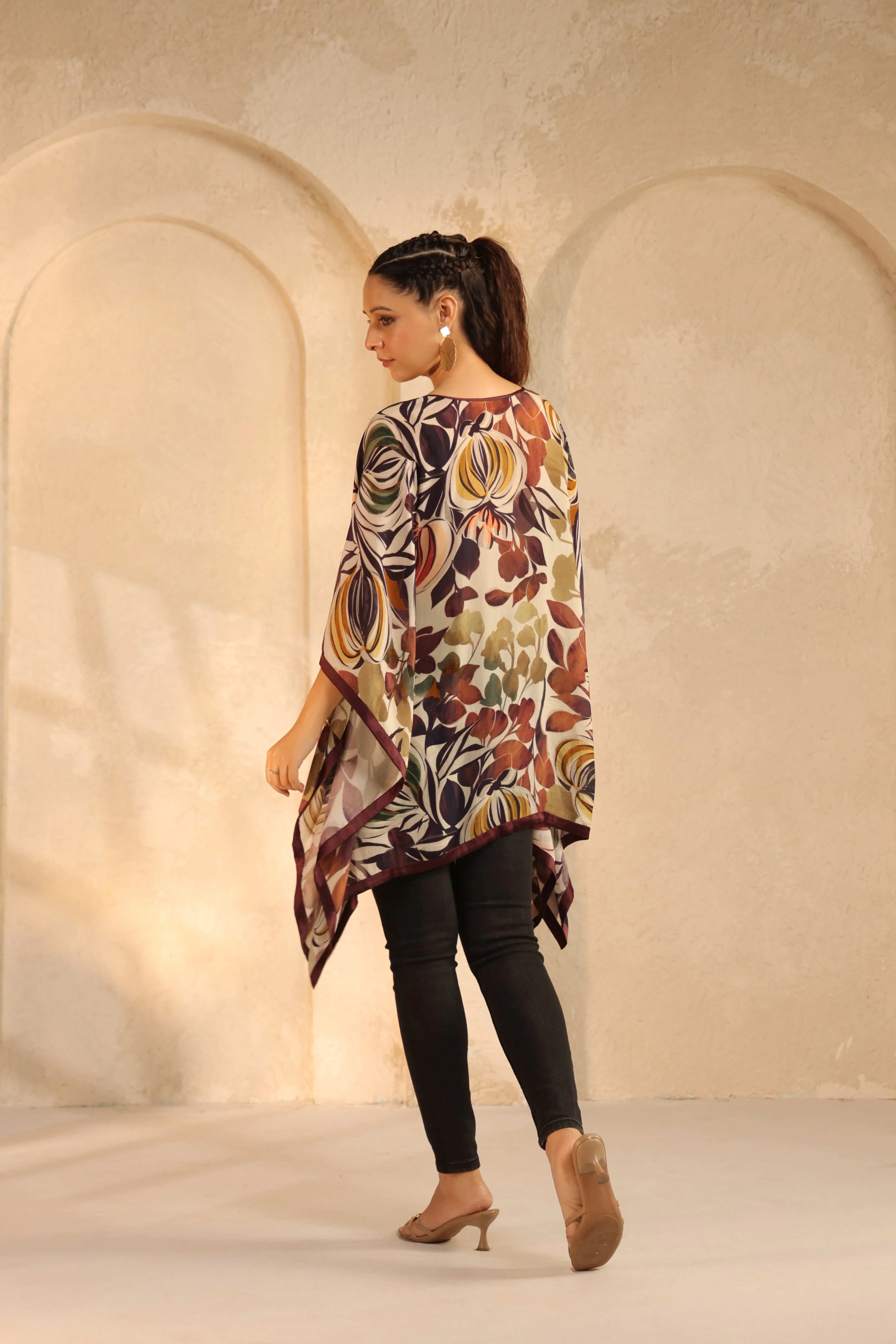 Light Beige Printed Viscose Crepe Kaftan Top - Image 5