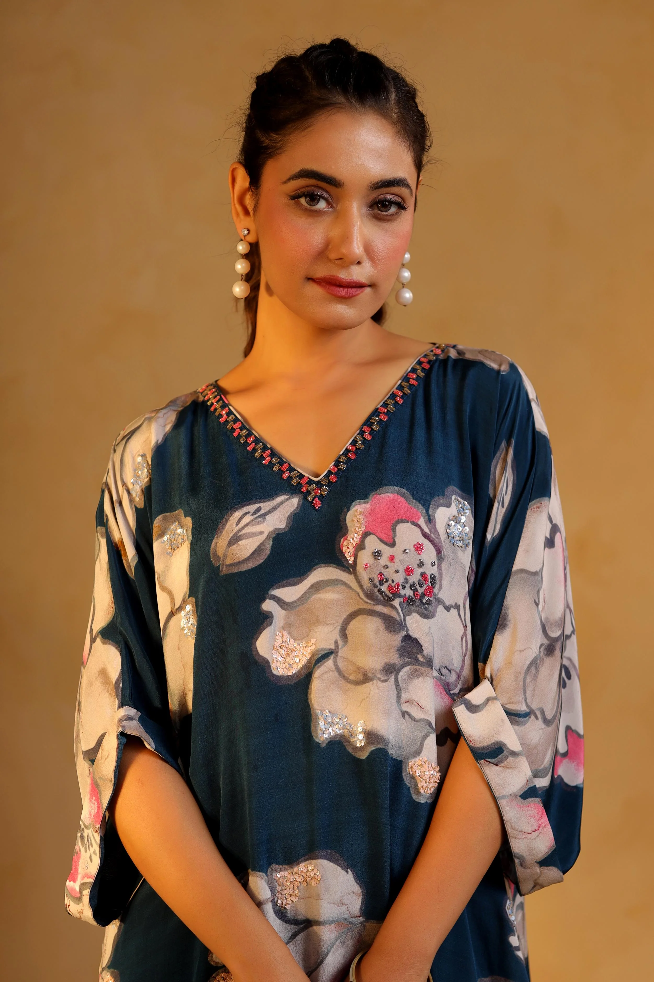 Deep Teal Printed Viscose Crepe Kurta Set - Image 2