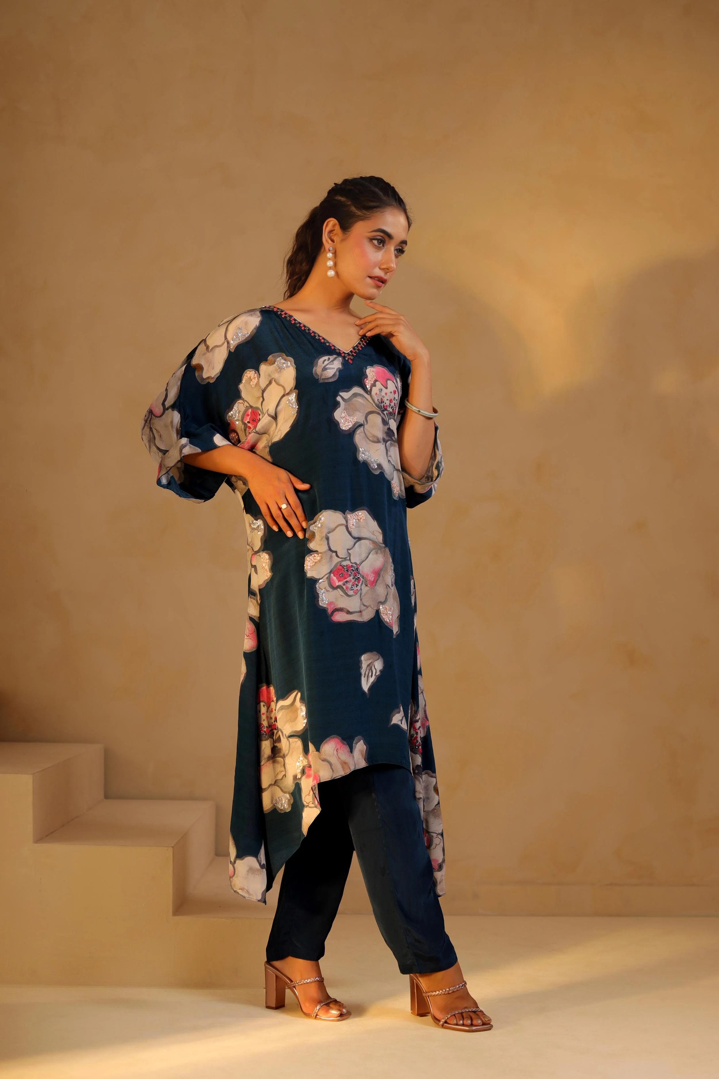 Deep Teal Printed Viscose Crepe Kurta Set - Image 4