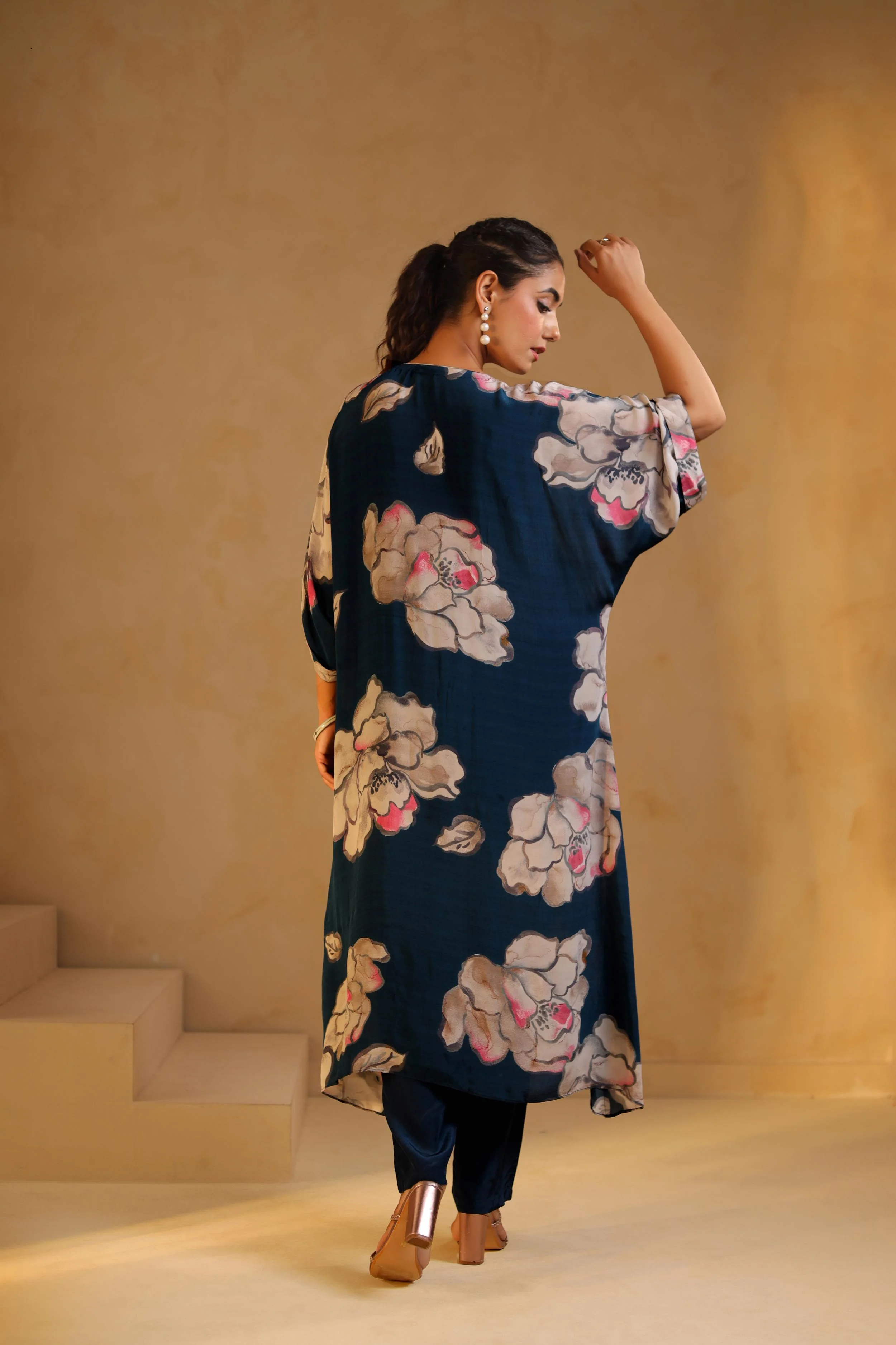Deep Teal Printed Viscose Crepe Kurta Set - Image 5