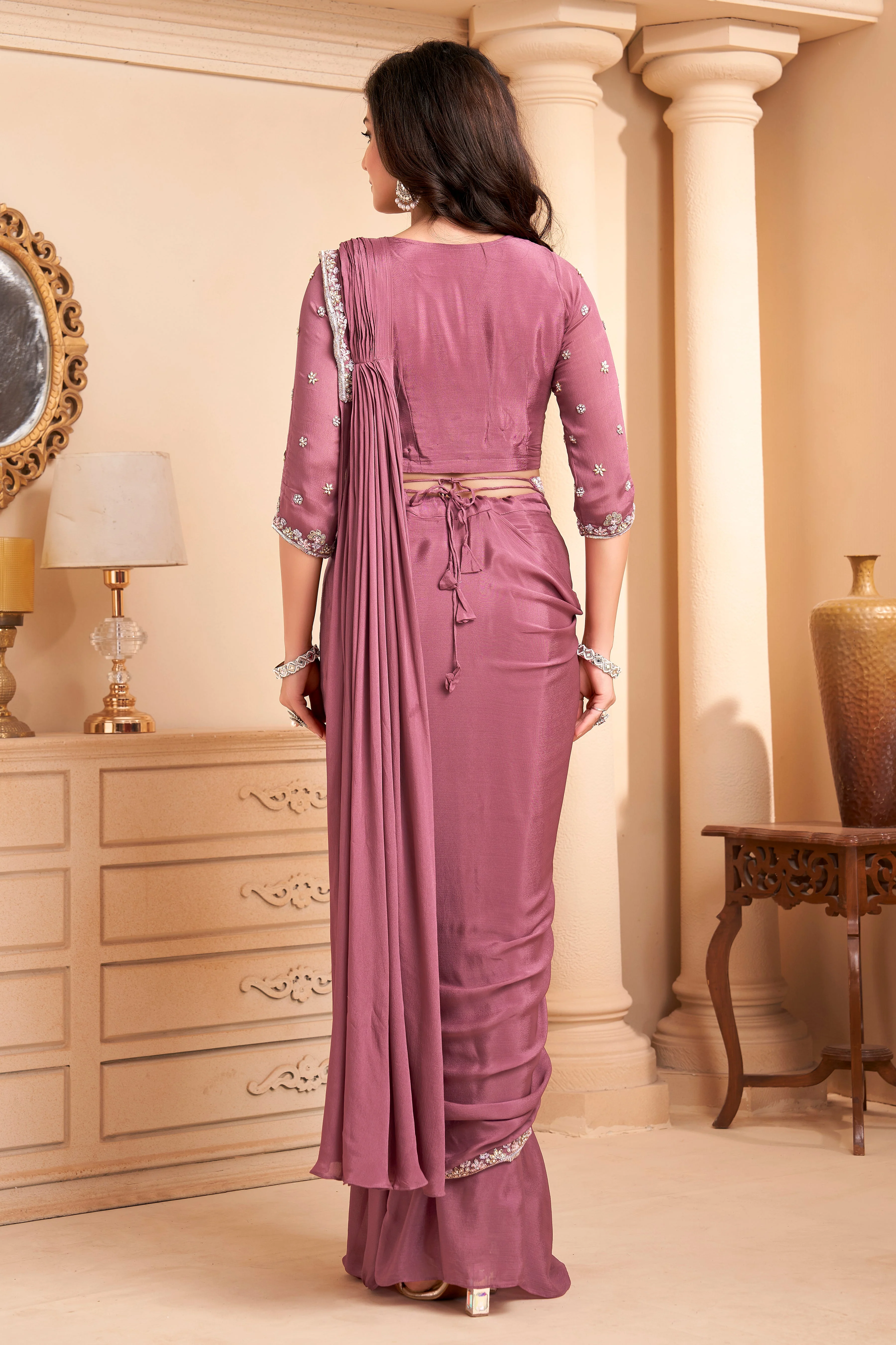Dusty Rose Embellished Crepe Silk Drape Saree - Image 4