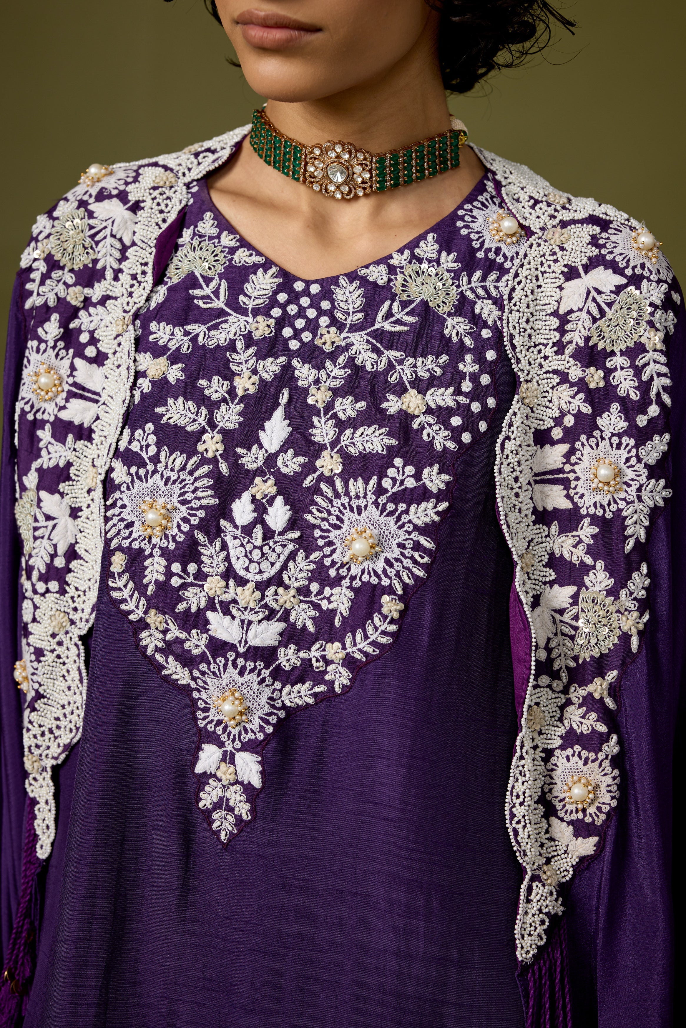 Deep Violet Embellished Chinon Silk Sharara Set - Image 2