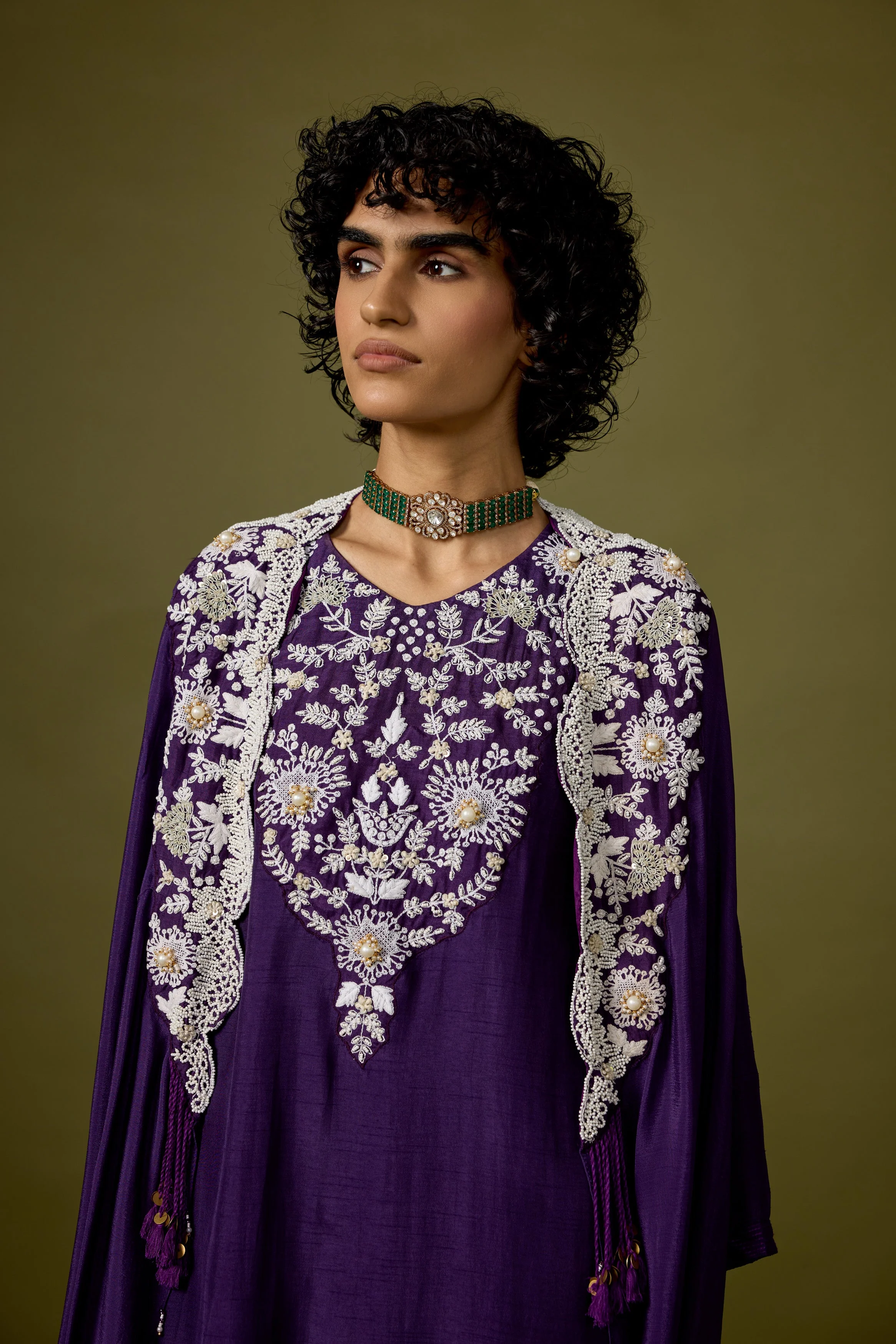 Deep Violet Embellished Chinon Silk Sharara Set - Image 3