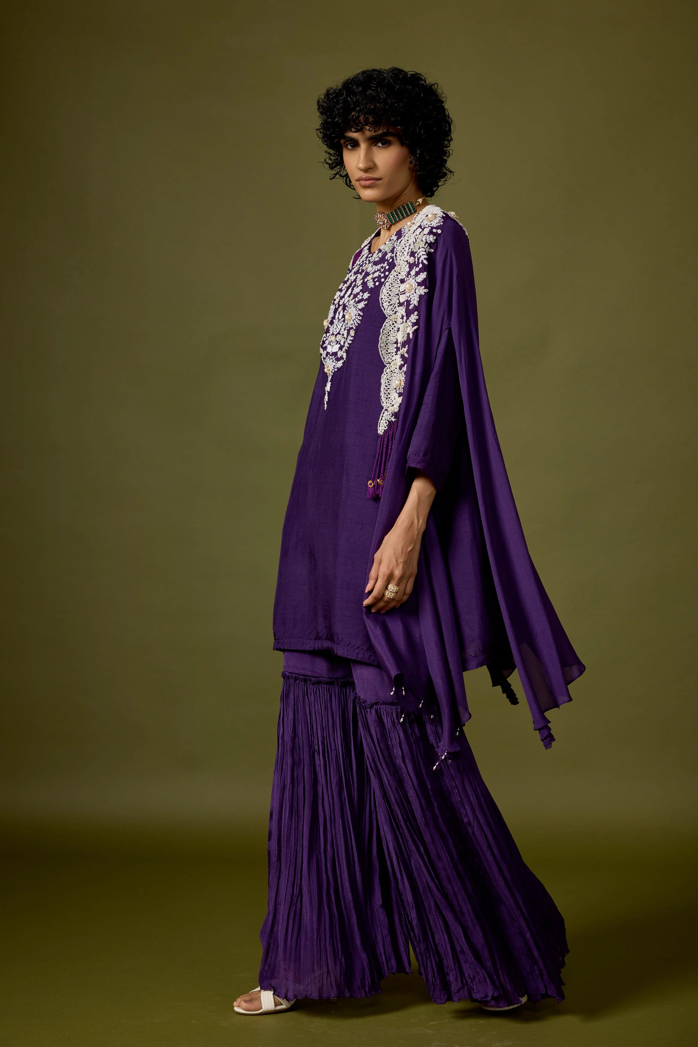 Deep Violet Embellished Chinon Silk Sharara Set - Image 4
