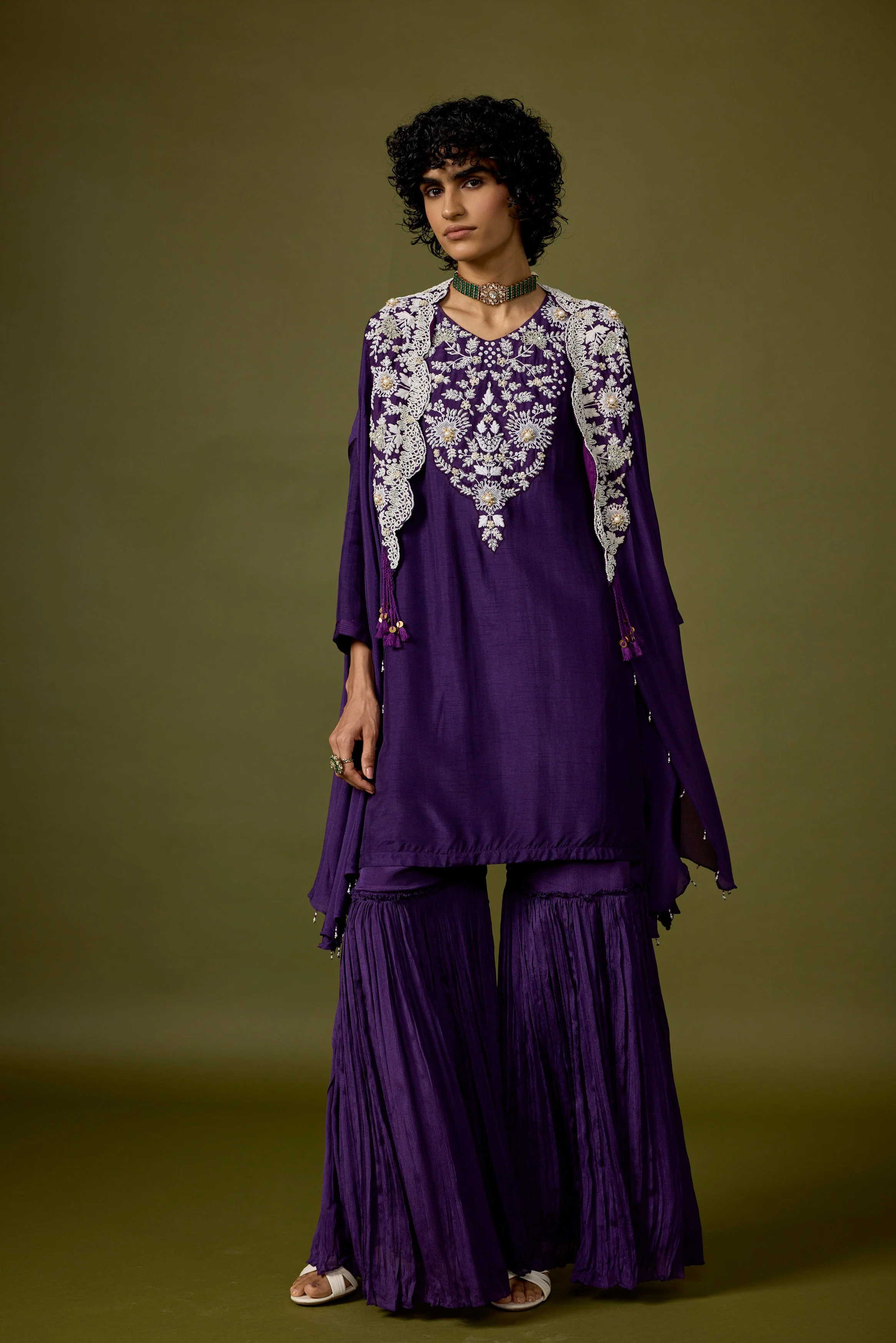 Deep Violet Embellished Chinon Silk Sharara Set - Image 5