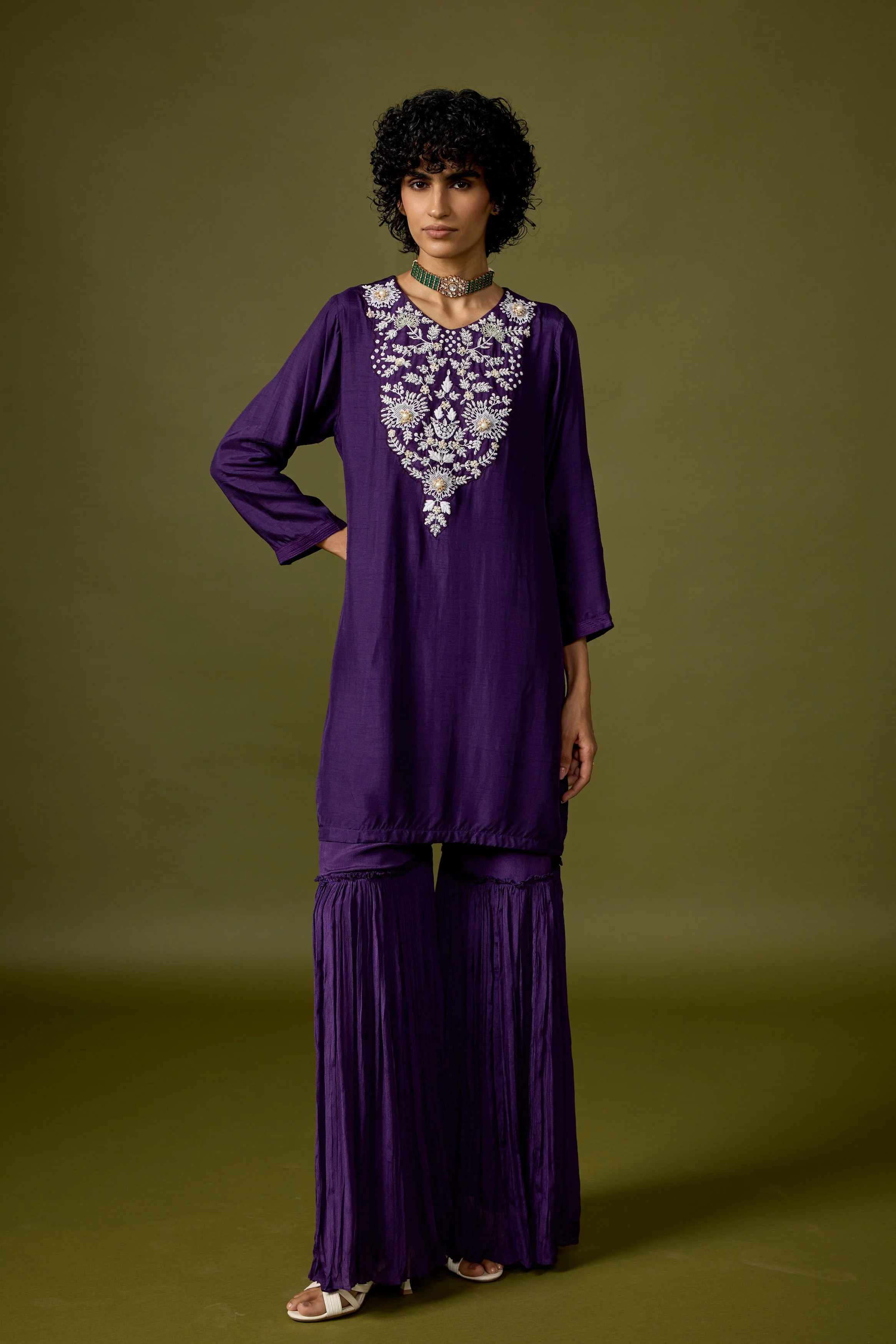 Deep Violet Embellished Chinon Silk Sharara Set - Image 7