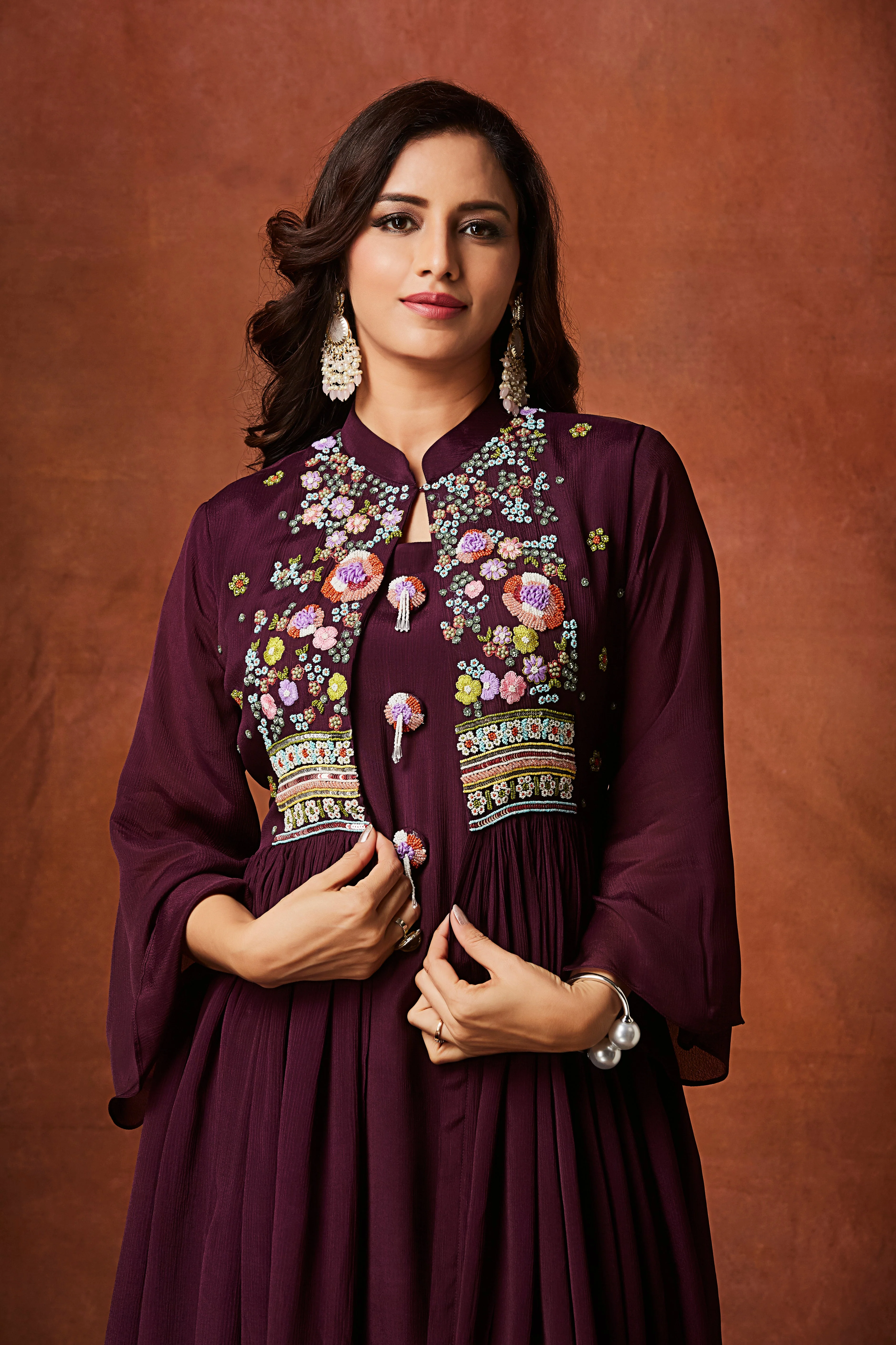 Deep Wine Embellished Chinon Silk Anarkali Set - Image 2