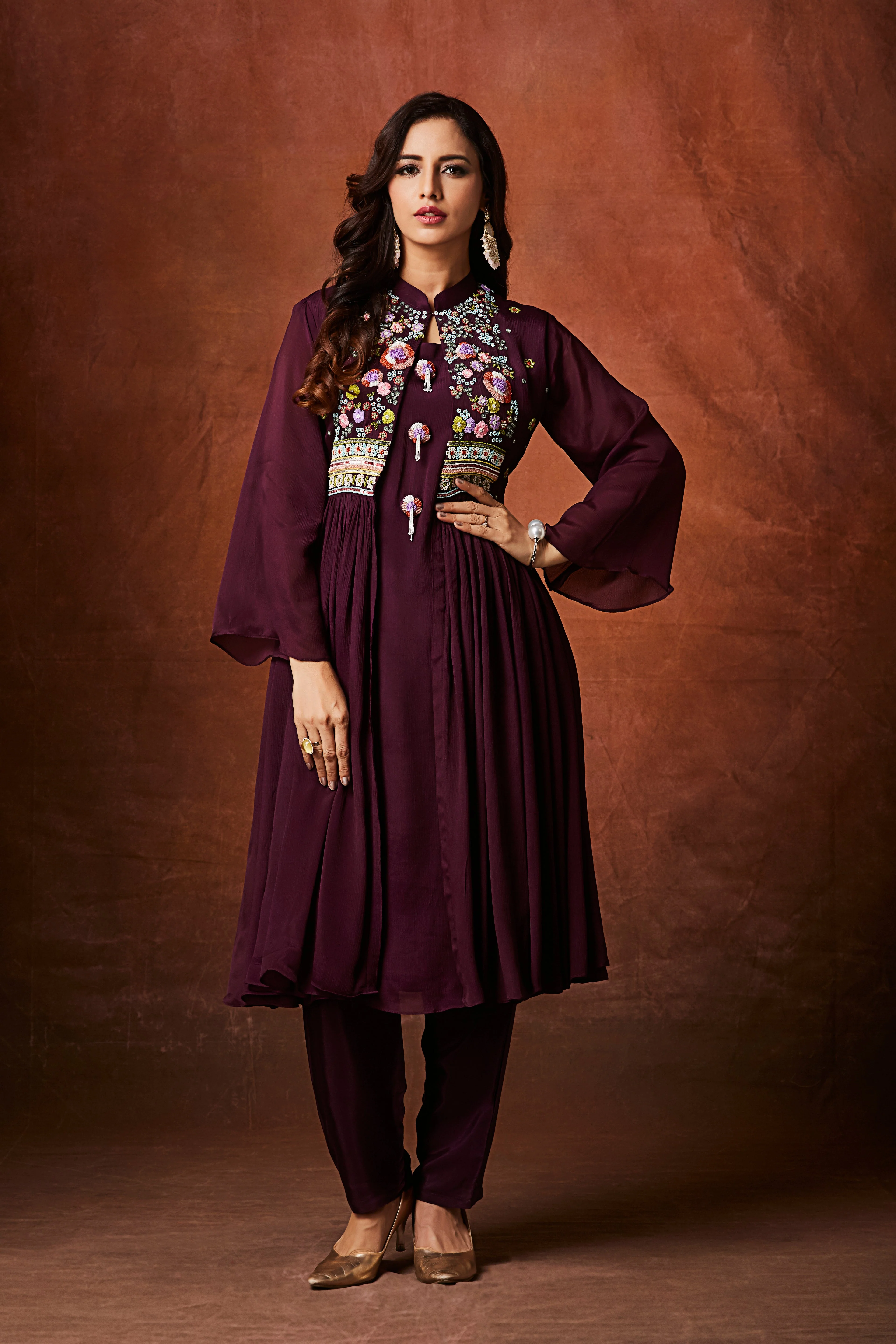 Deep Wine Embellished Chinon Silk Anarkali Set - Image 3