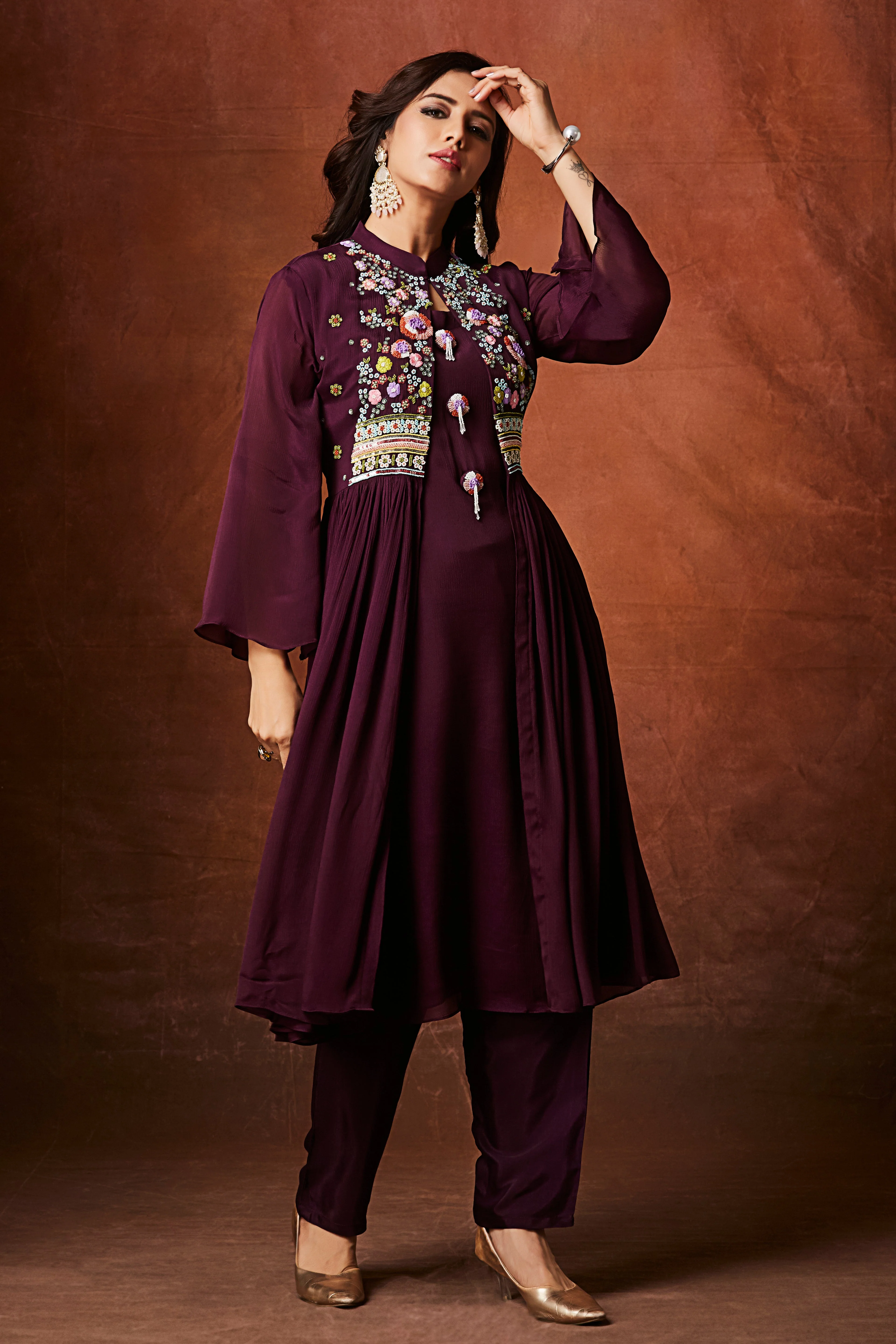 Deep Wine Embellished Chinon Silk Anarkali Set - Image 4