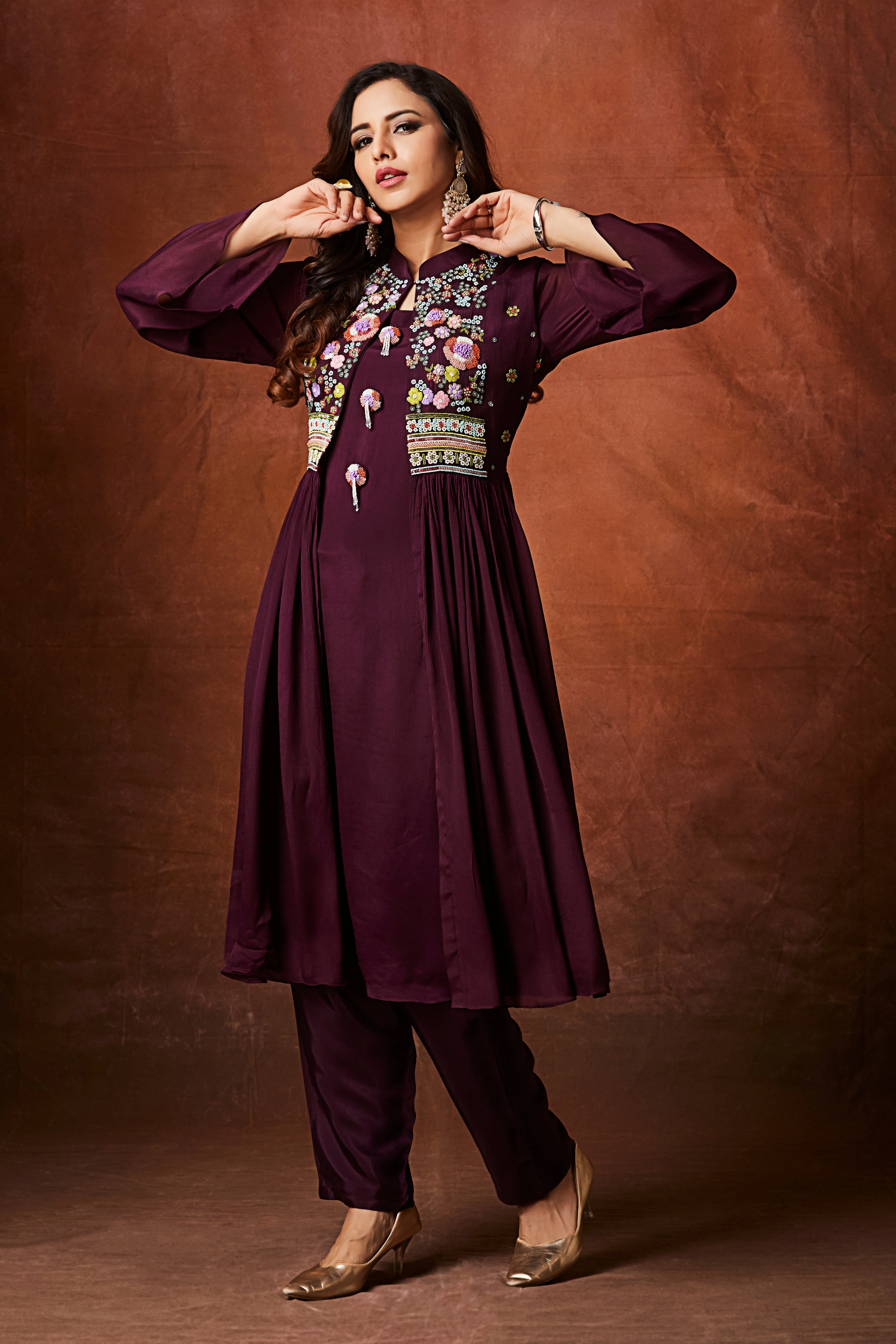 Deep Wine Embellished Chinon Silk Anarkali Set - Image 5