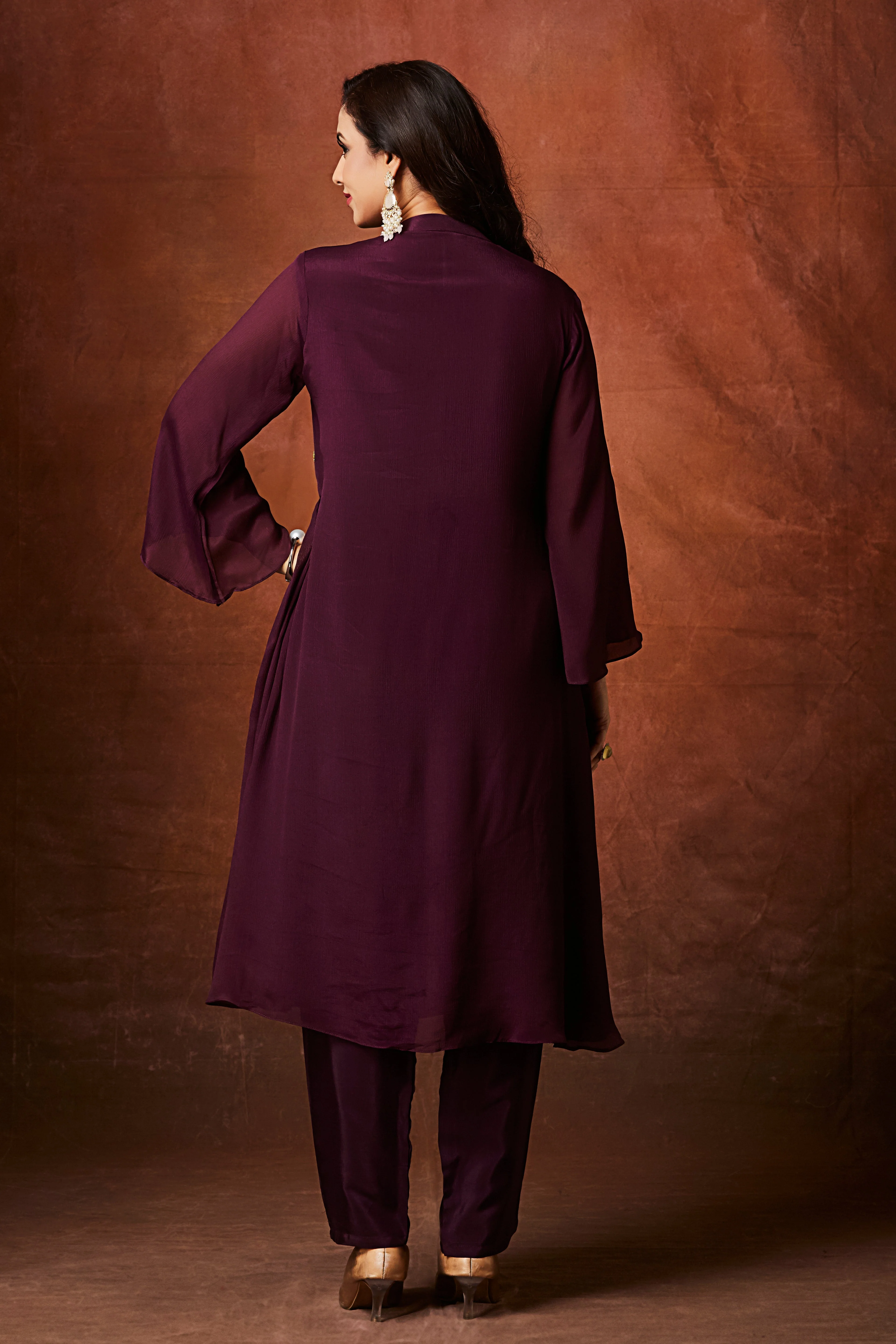 Deep Wine Embellished Chinon Silk Anarkali Set - Image 6