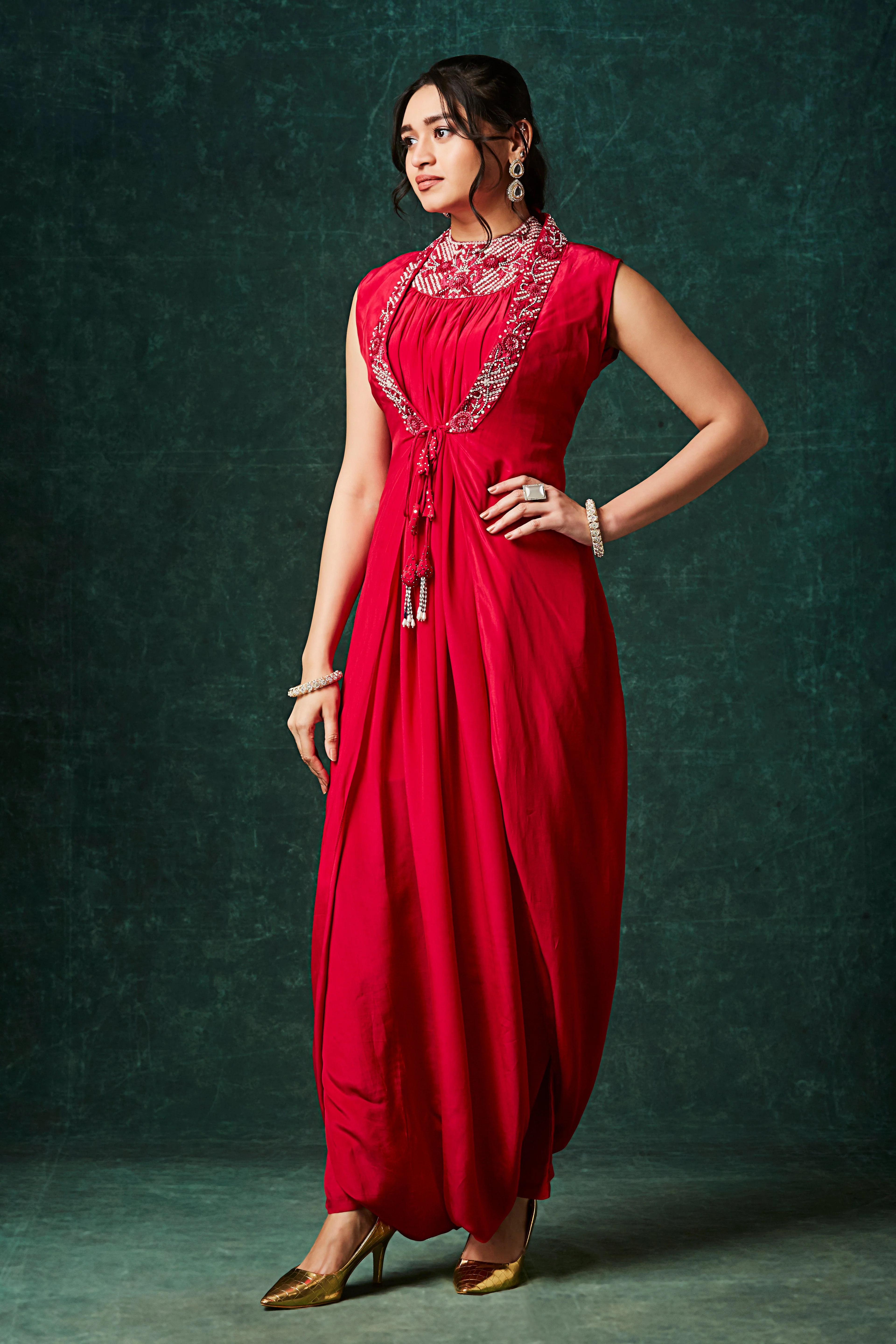 Rich Red Embellished Chinon Silk Cowl Dress - Image 3