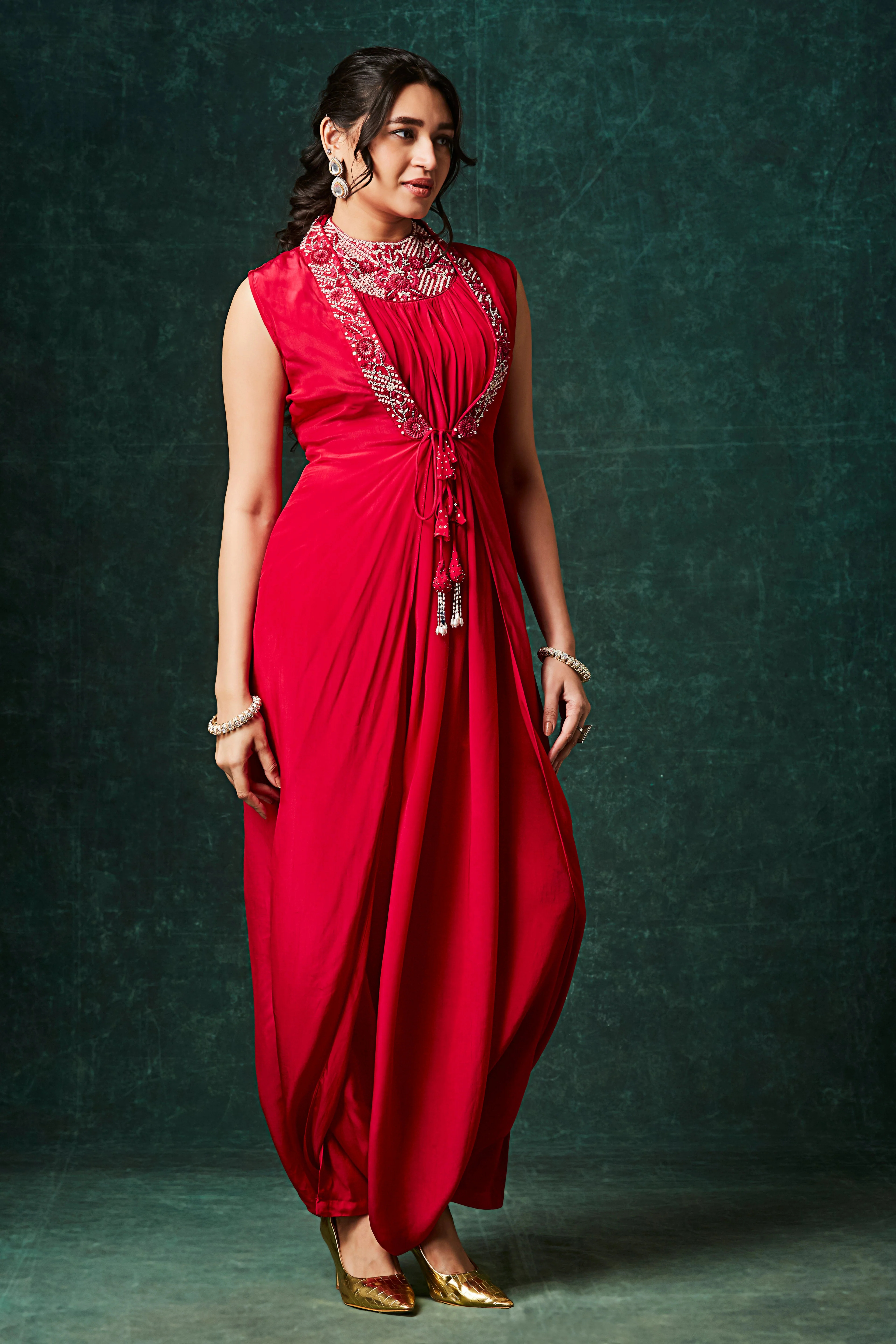Rich Red Embellished Chinon Silk Cowl Dress - Image 4