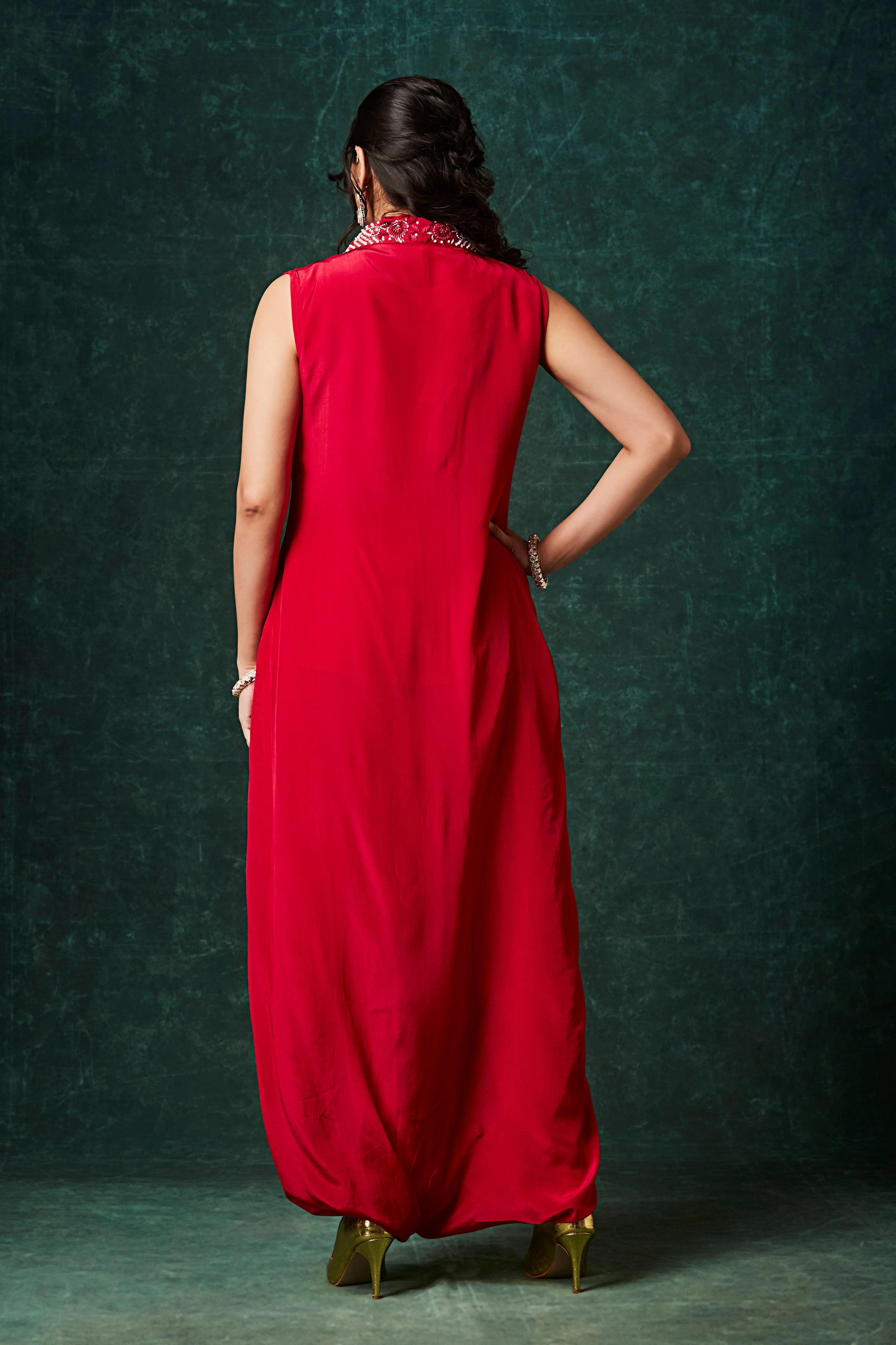 Rich Red Embellished Chinon Silk Cowl Dress - Image 5