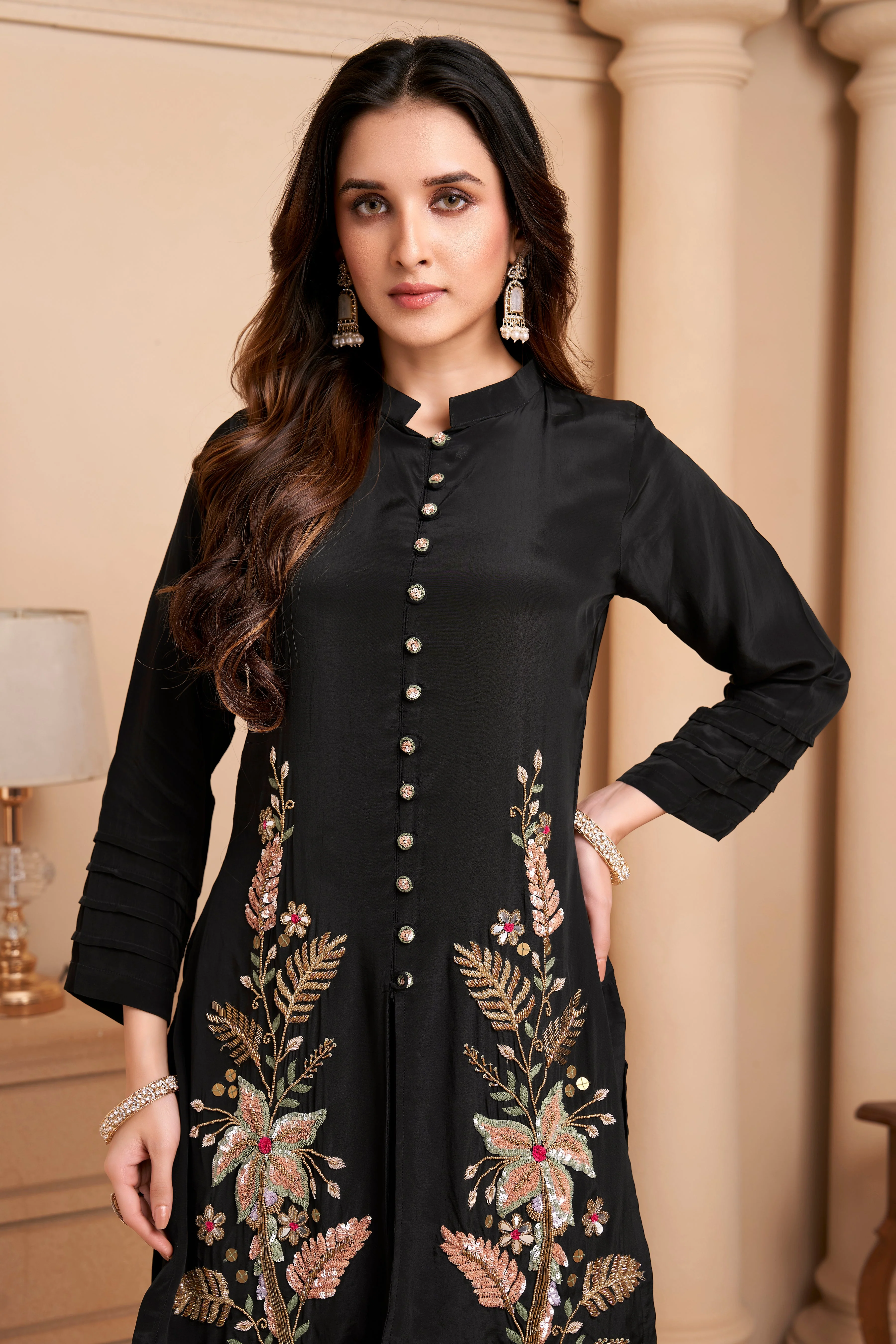 Coal Black Embellished Crepe Silk Palazzo Set - Image 2