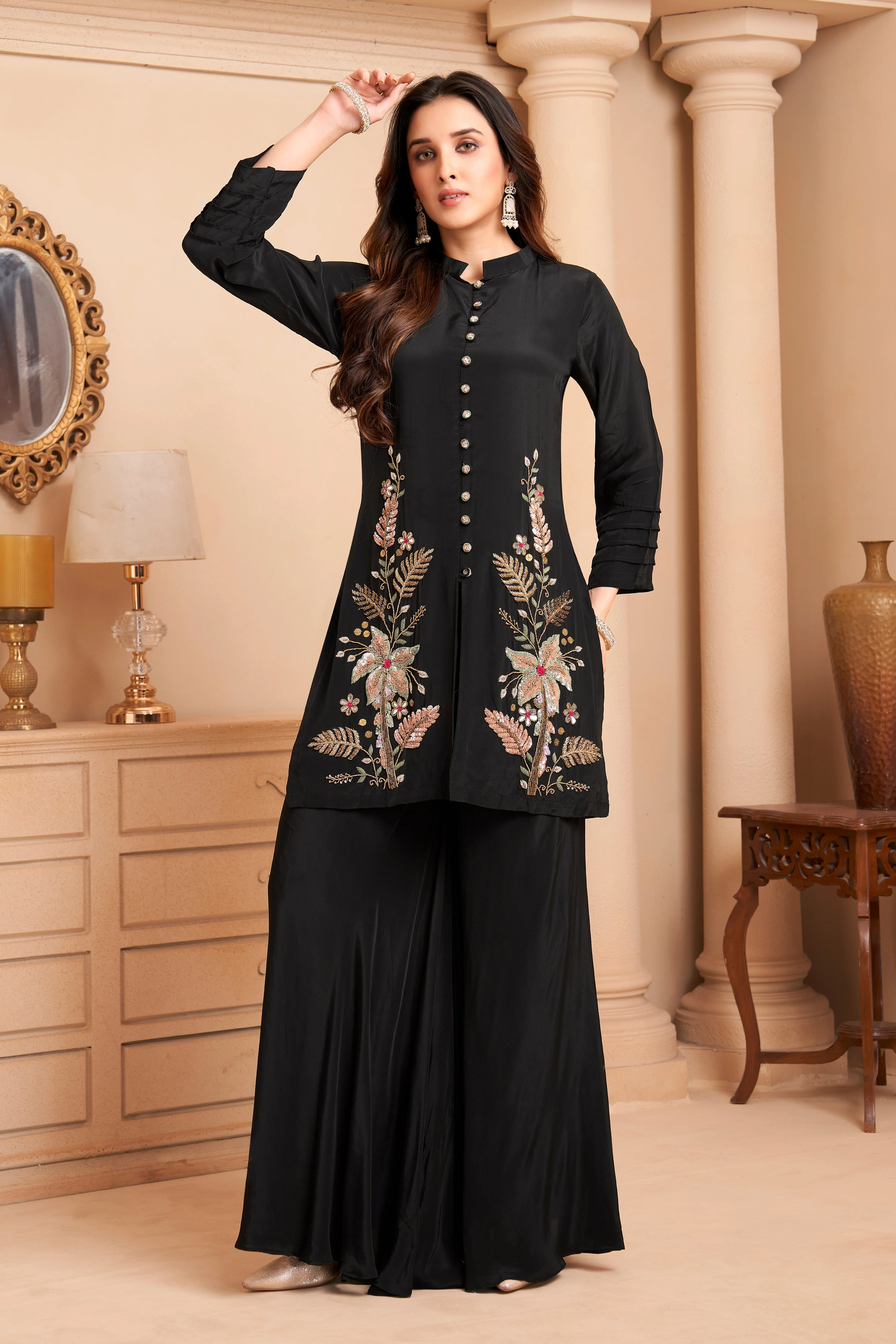 Coal Black Embellished Crepe Silk Palazzo Set - Image 3