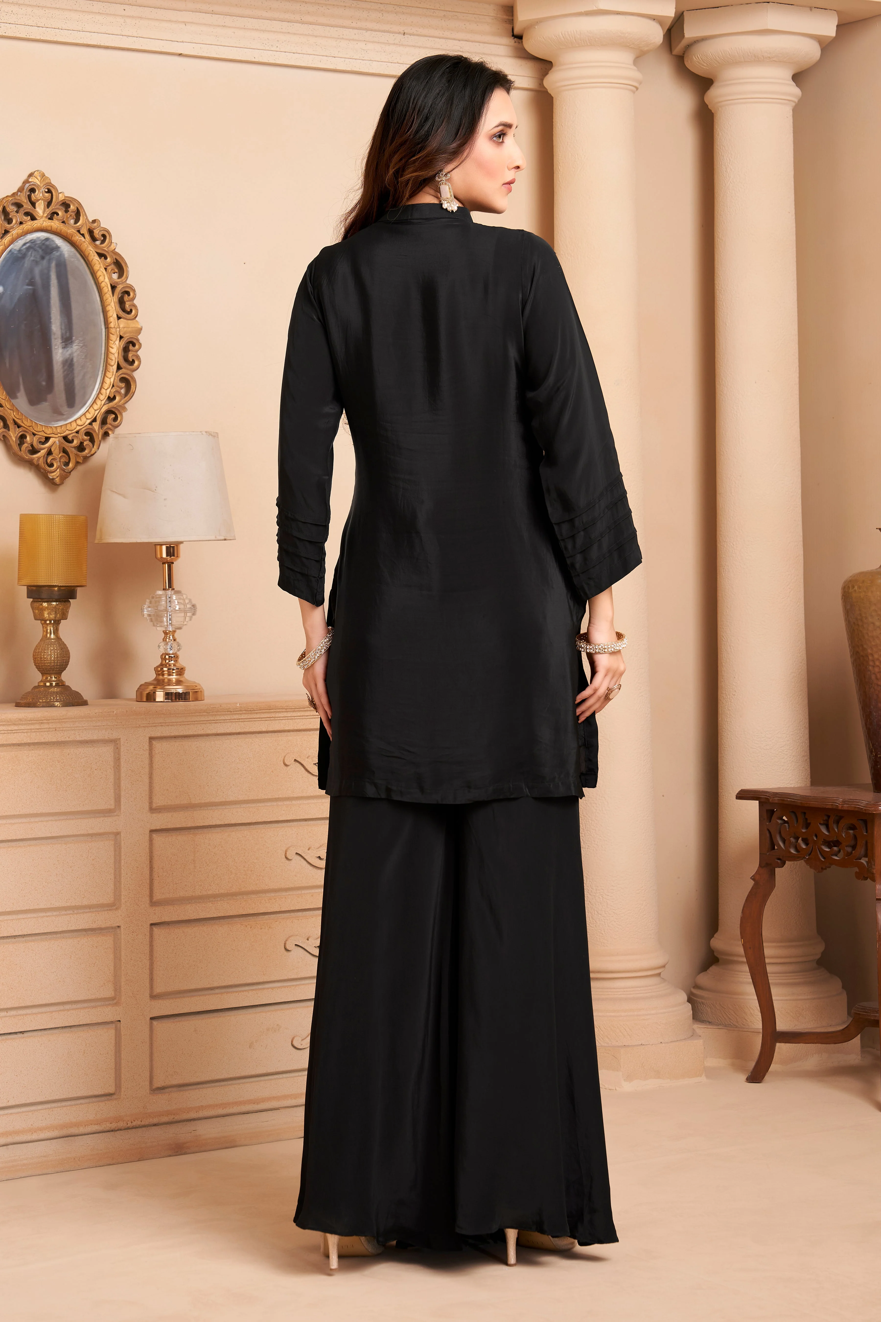 Coal Black Embellished Crepe Silk Palazzo Set - Image 4