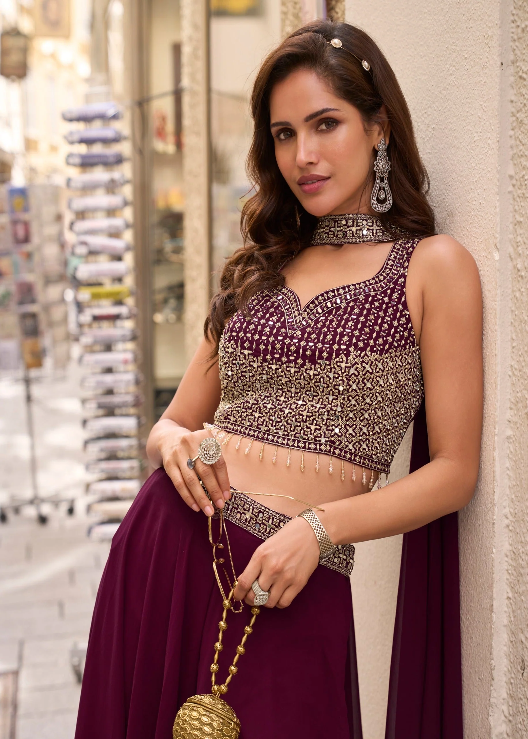 Deep Wine Embellished Georgette Silk Palazzo Set - Image 2