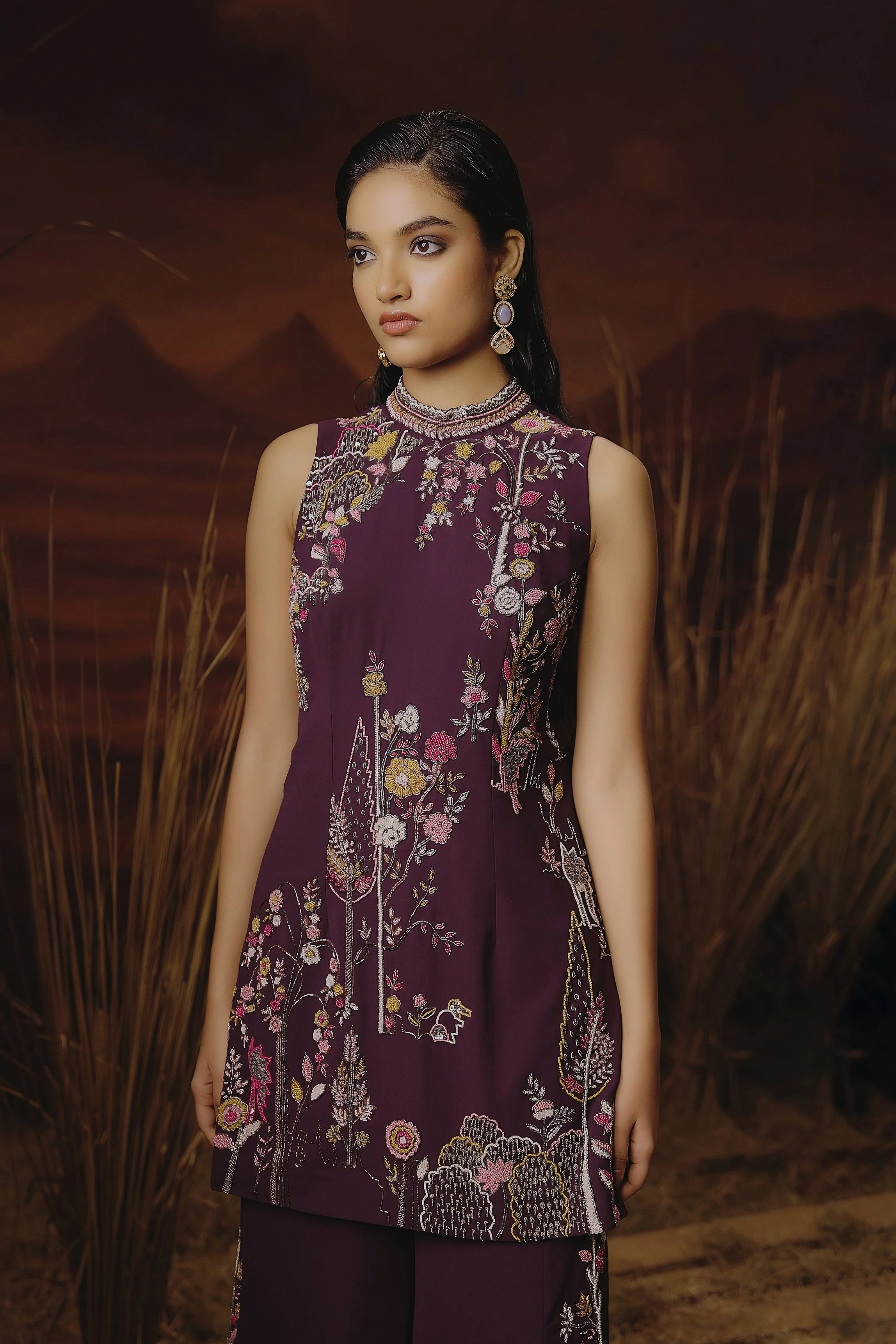 Deep Wine Embellished Georgette Silk Palazzo Set - Image 2