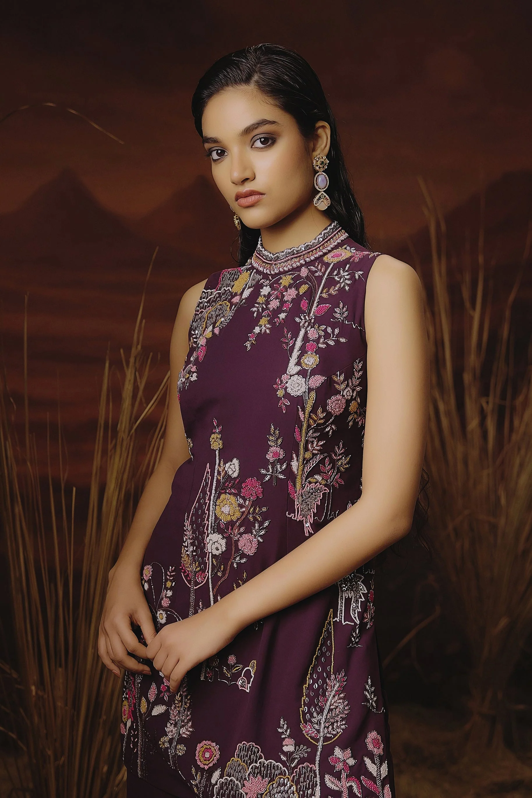 Deep Wine Embellished Georgette Silk Palazzo Set - Image 3
