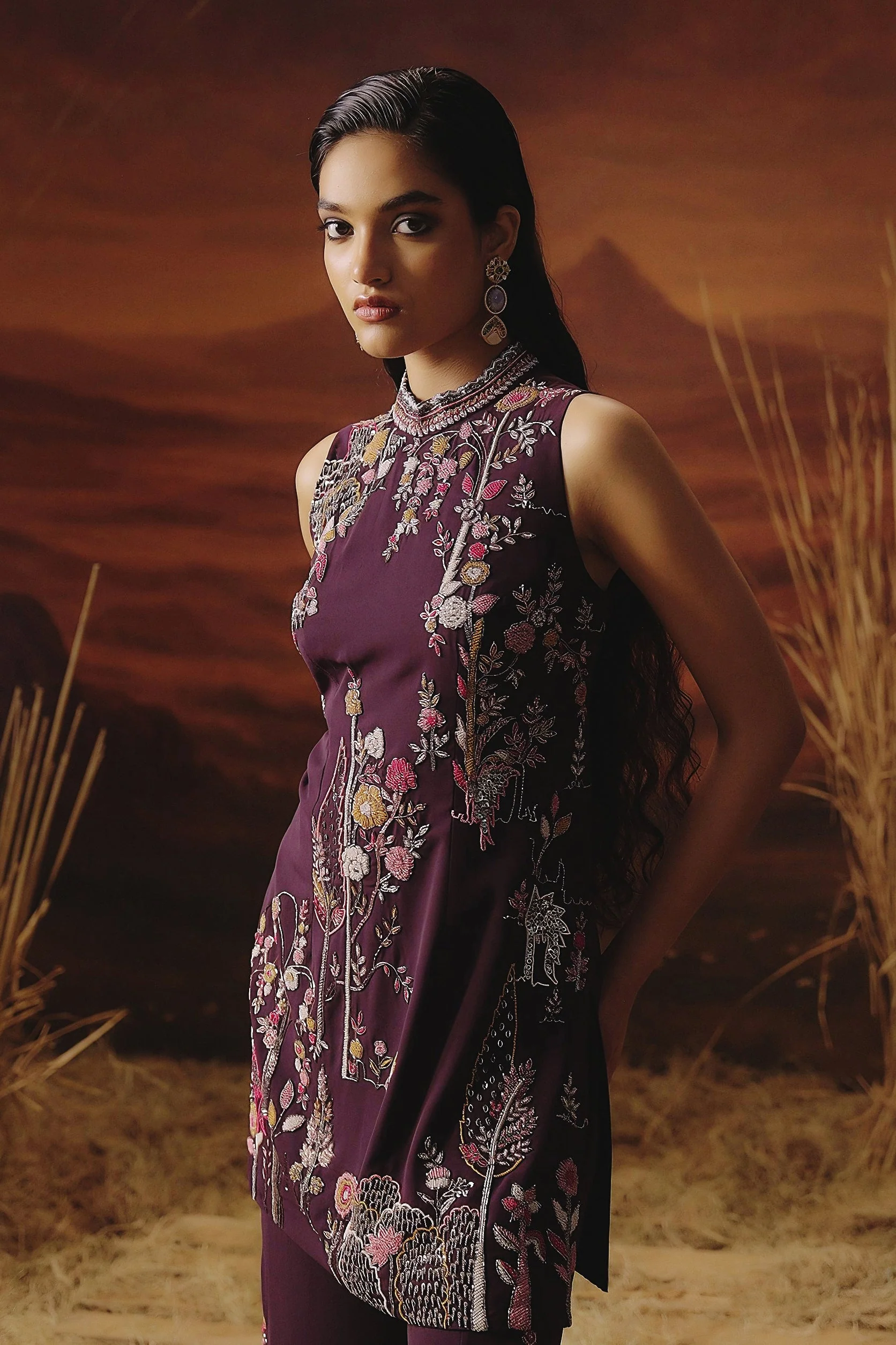 Deep Wine Embellished Georgette Silk Palazzo Set - Image 4