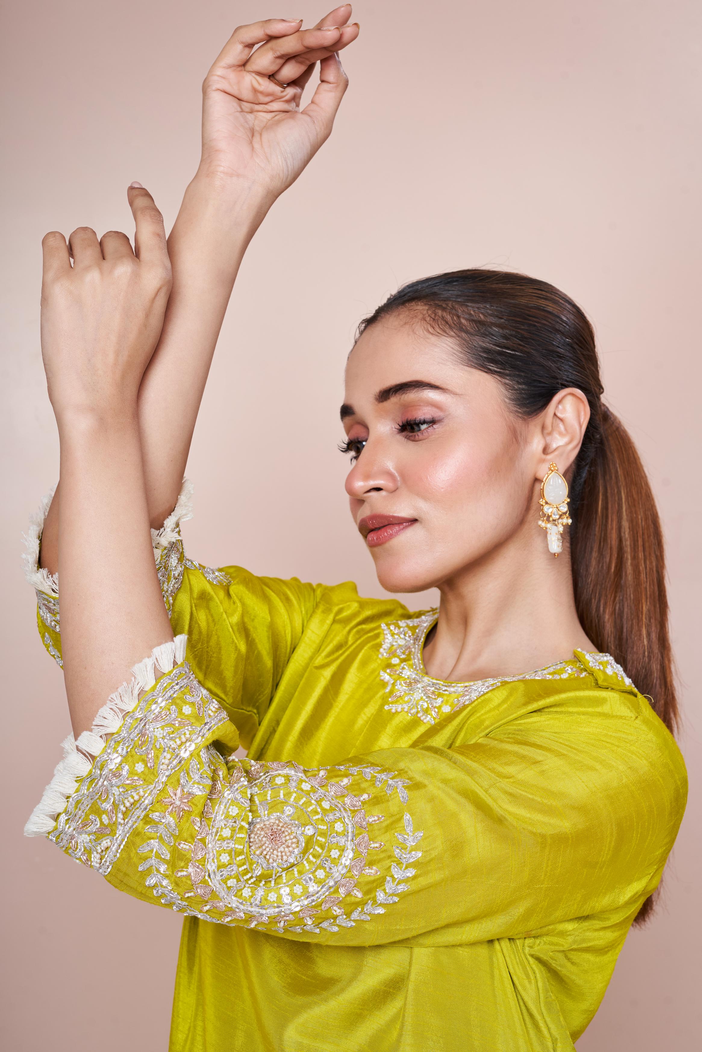Pear Green Embellished Chinon Silk Palazzo Set - Image 3
