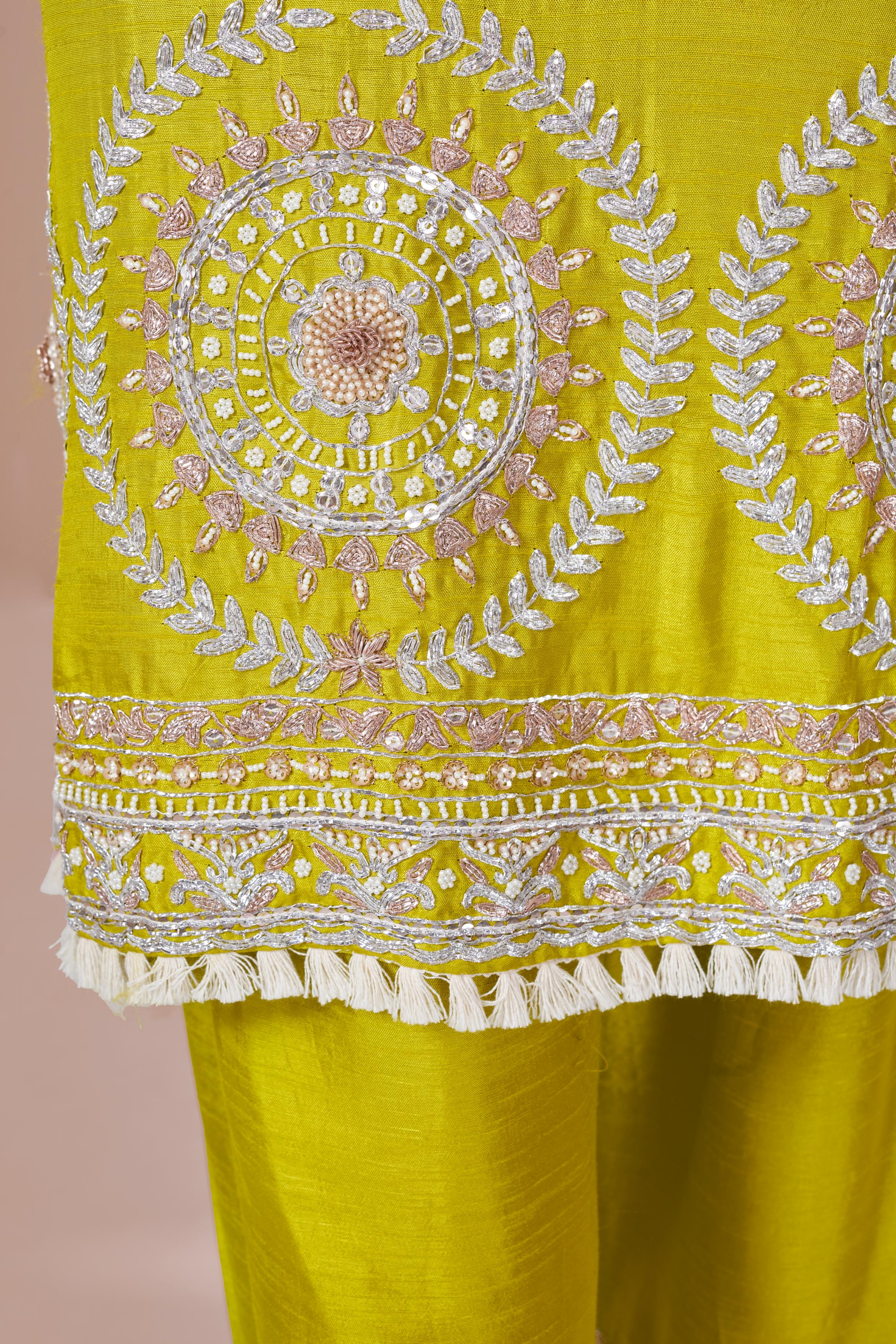 Pear Green Embellished Chinon Silk Palazzo Set - Image 4