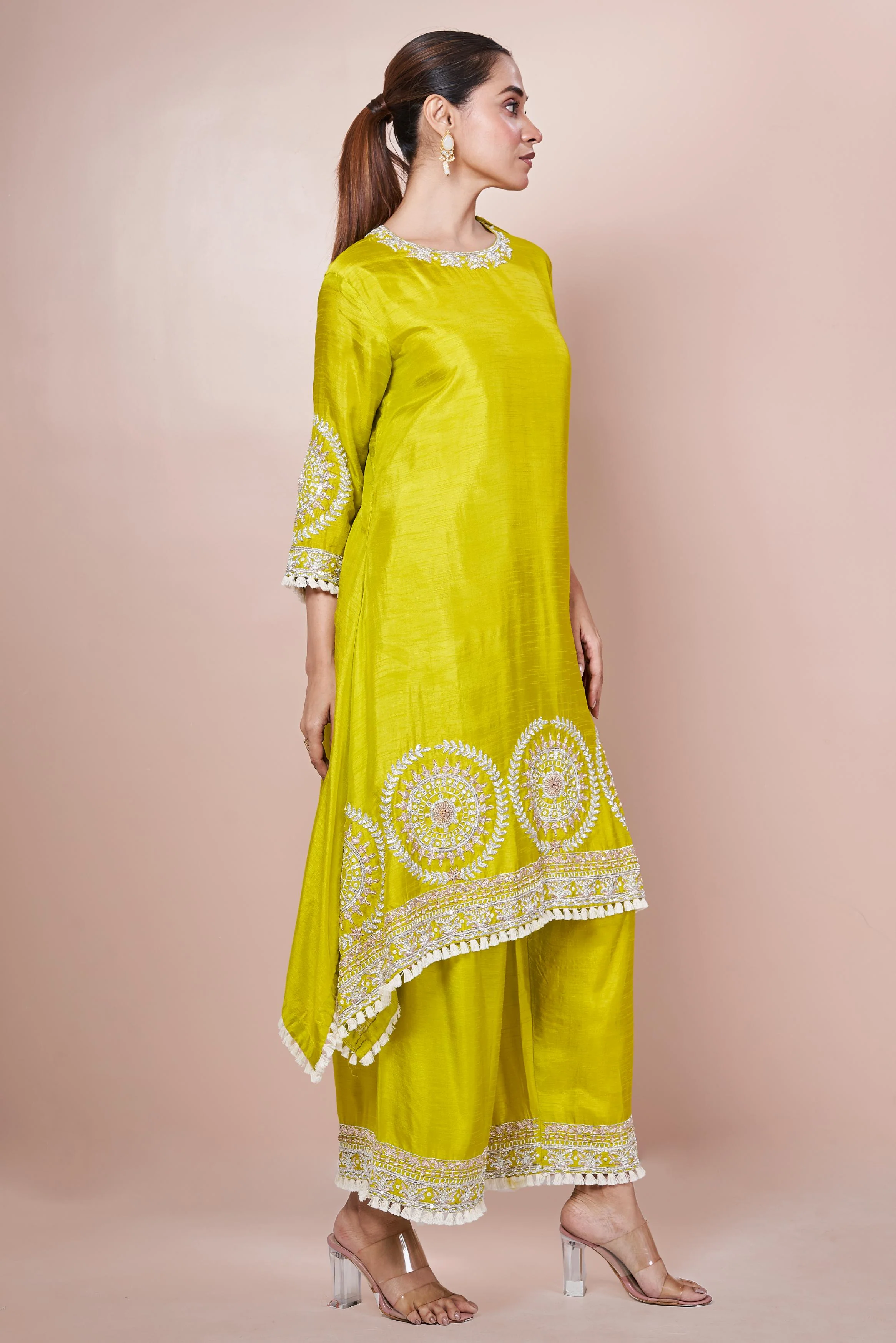 Pear Green Embellished Chinon Silk Palazzo Set - Image 5
