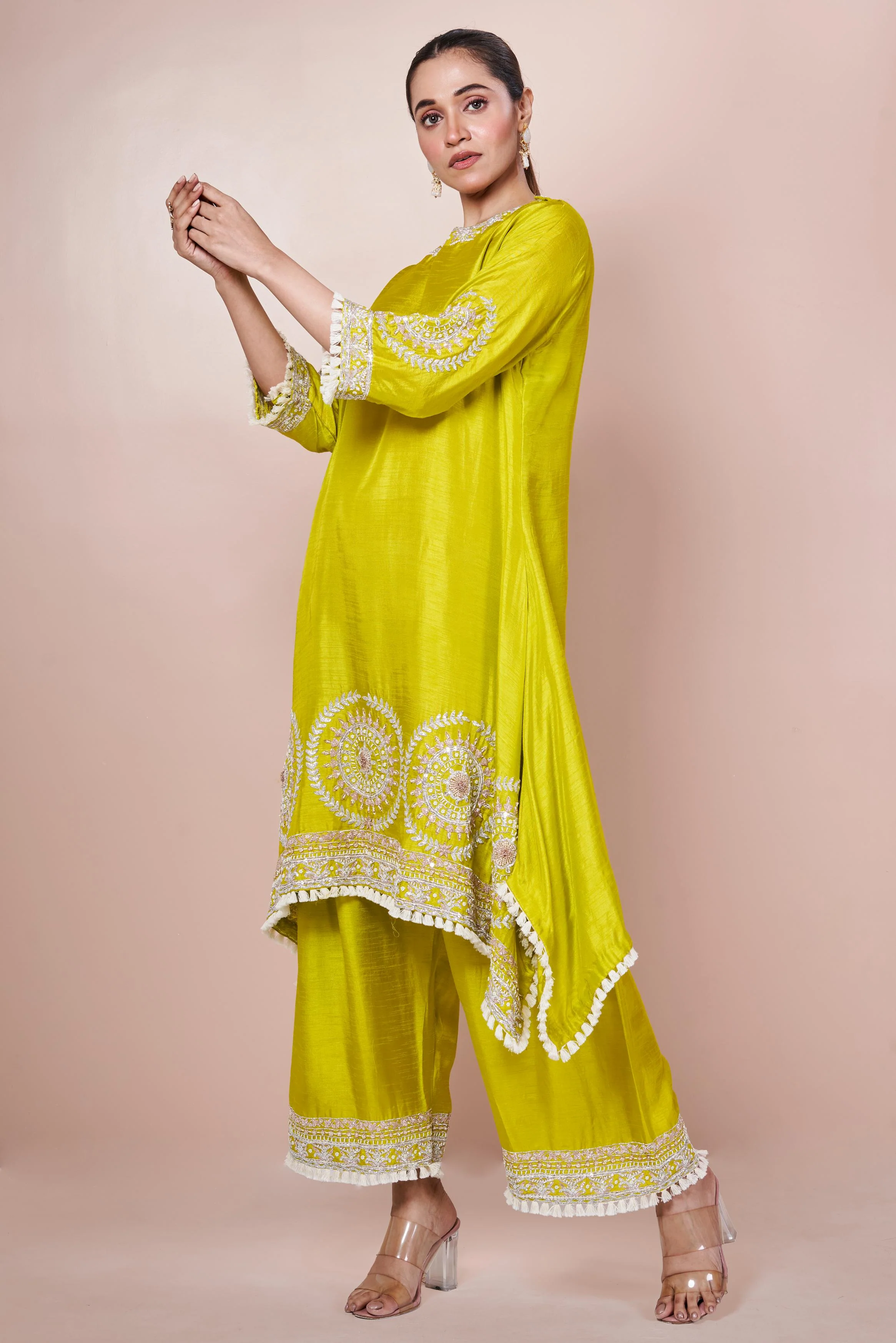 Pear Green Embellished Chinon Silk Palazzo Set - Image 6
