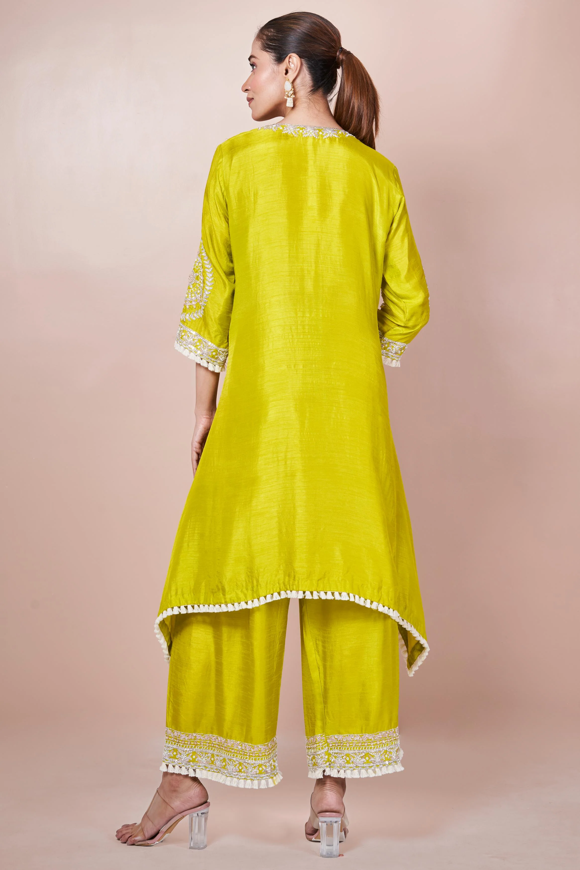 Pear Green Embellished Chinon Silk Palazzo Set - Image 7