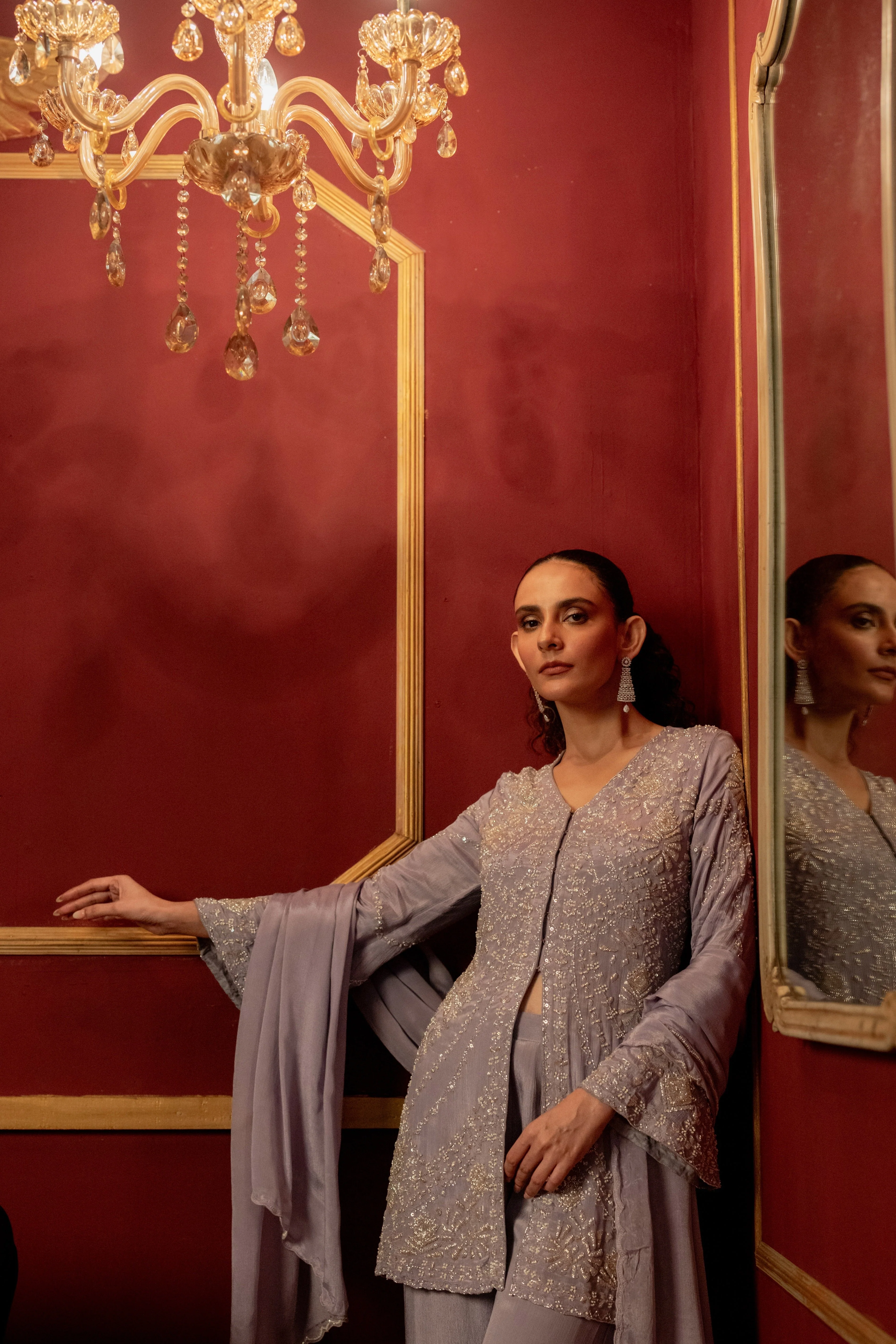 Lilac Purple Embellished Chinon Silk Palazzo Set - Image 2