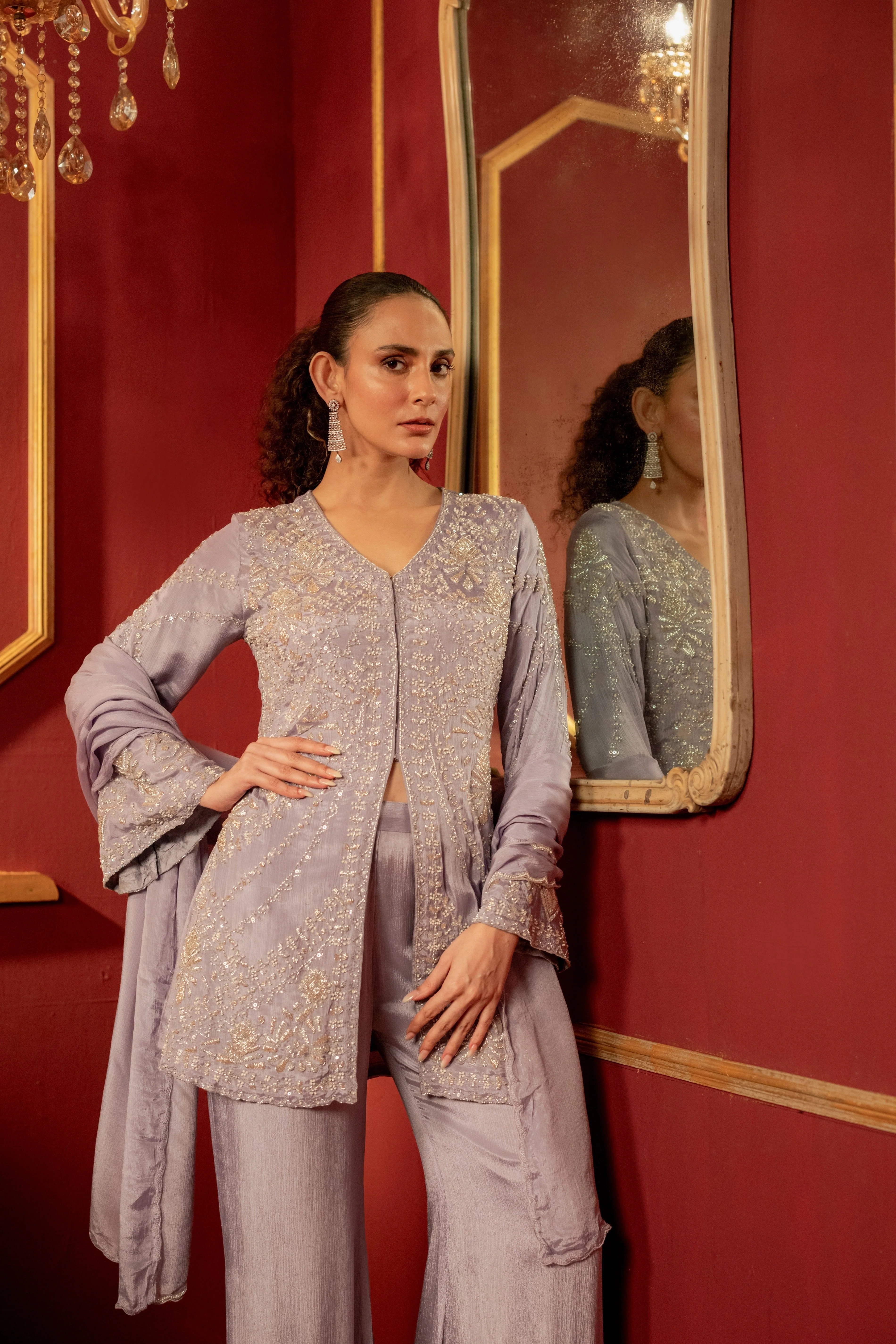 Lilac Purple Embellished Chinon Silk Palazzo Set - Image 3