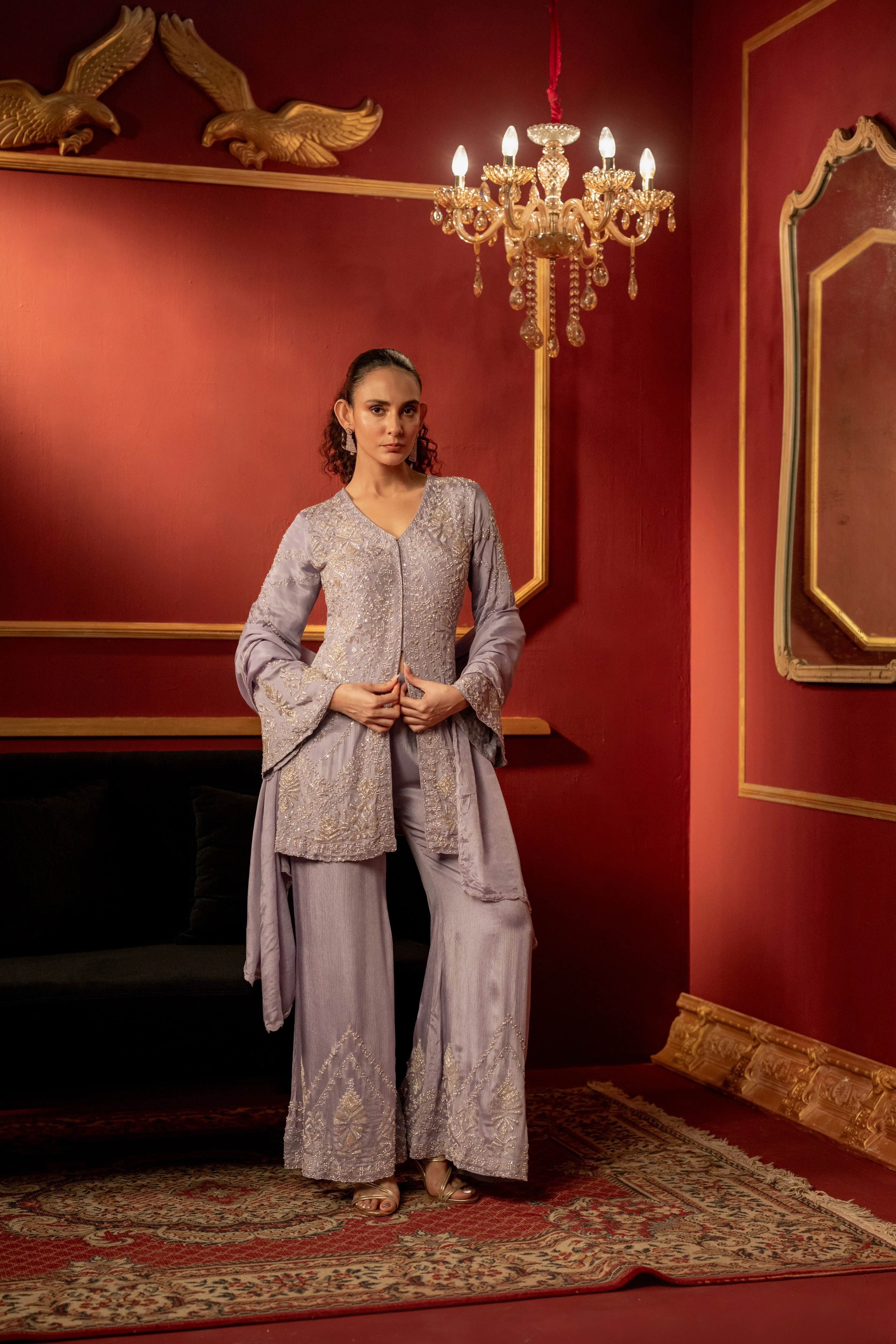 Lilac Purple Embellished Chinon Silk Palazzo Set - Image 5