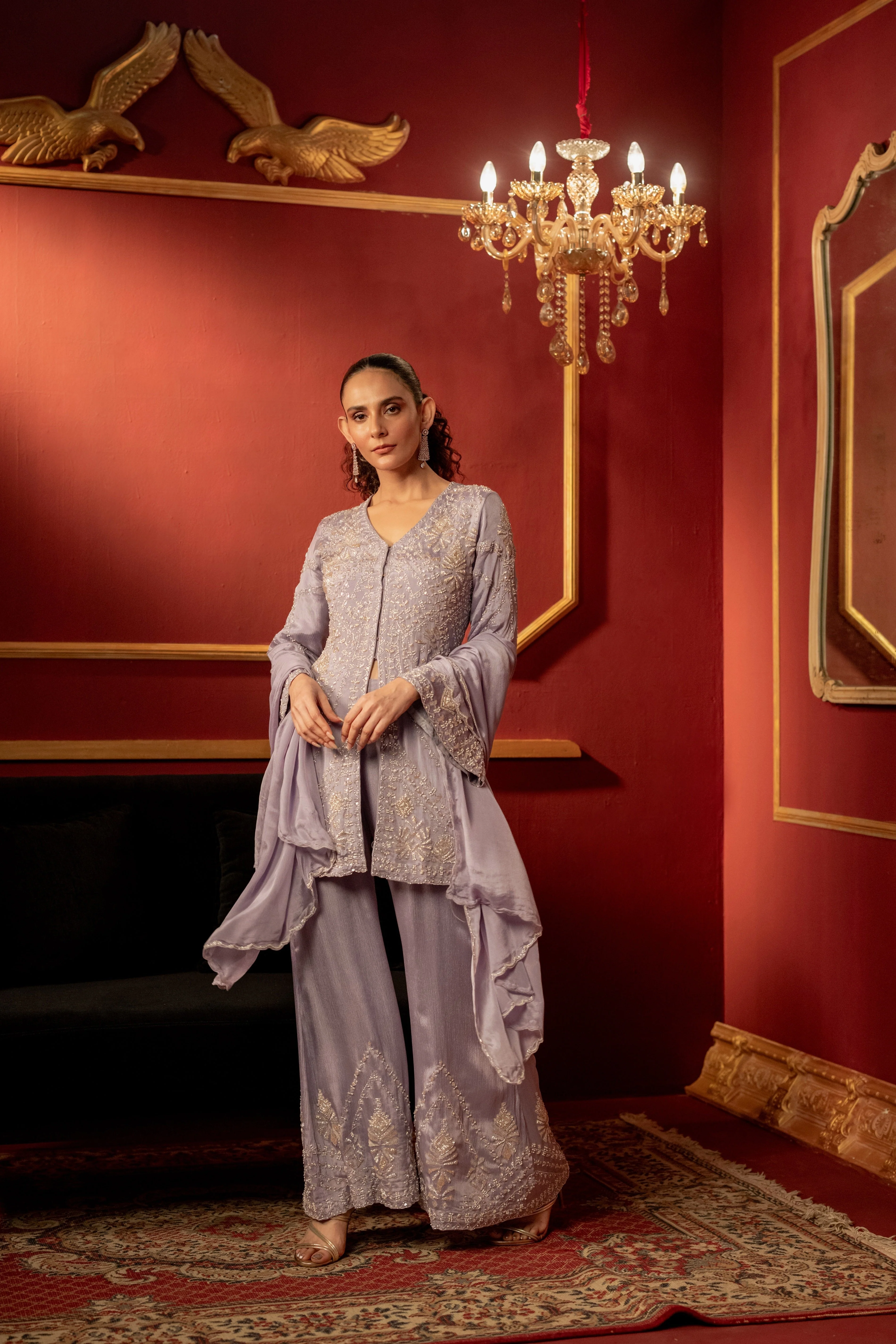 Lilac Purple Embellished Chinon Silk Palazzo Set - Image 6
