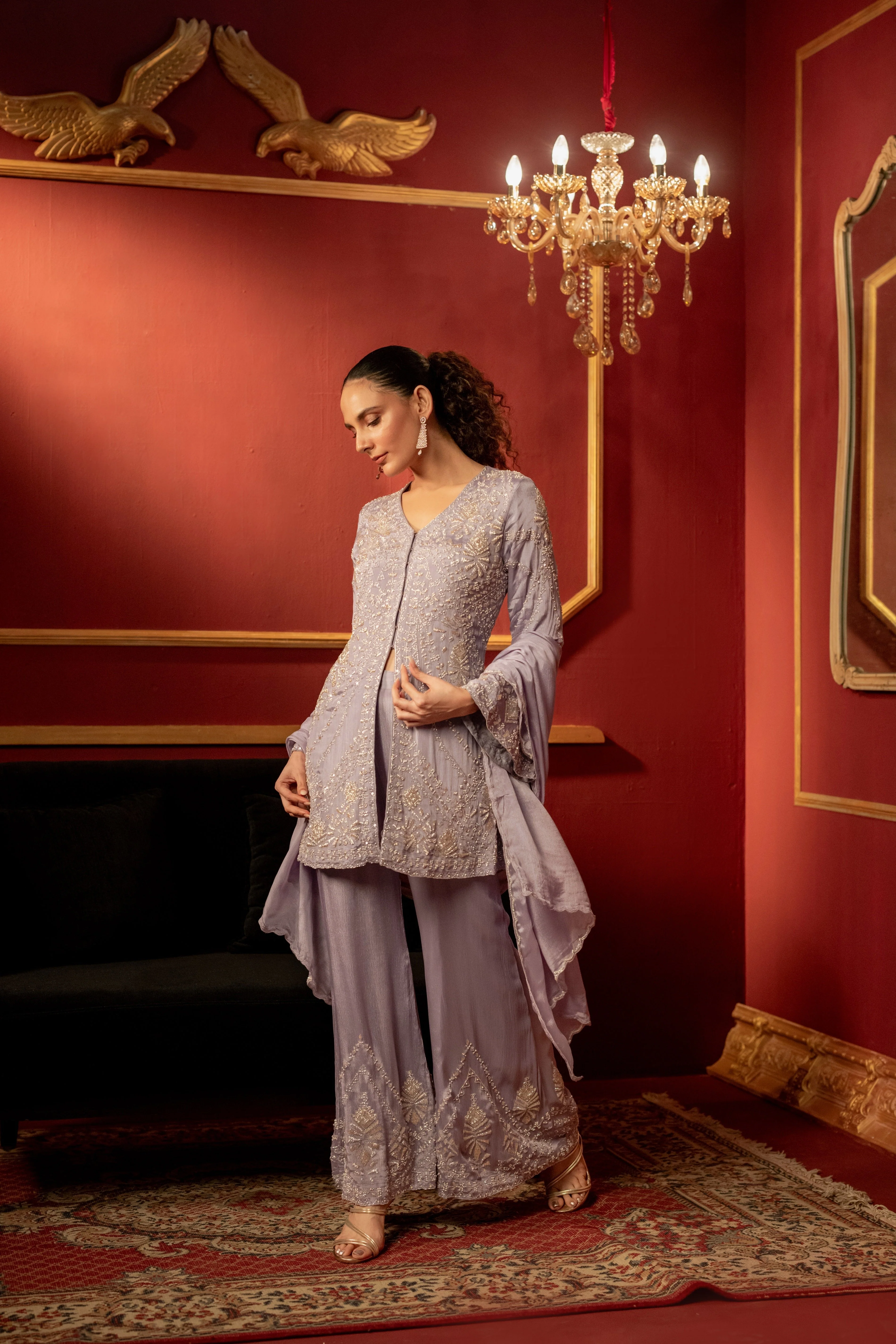 Lilac Purple Embellished Chinon Silk Palazzo Set - Image 7