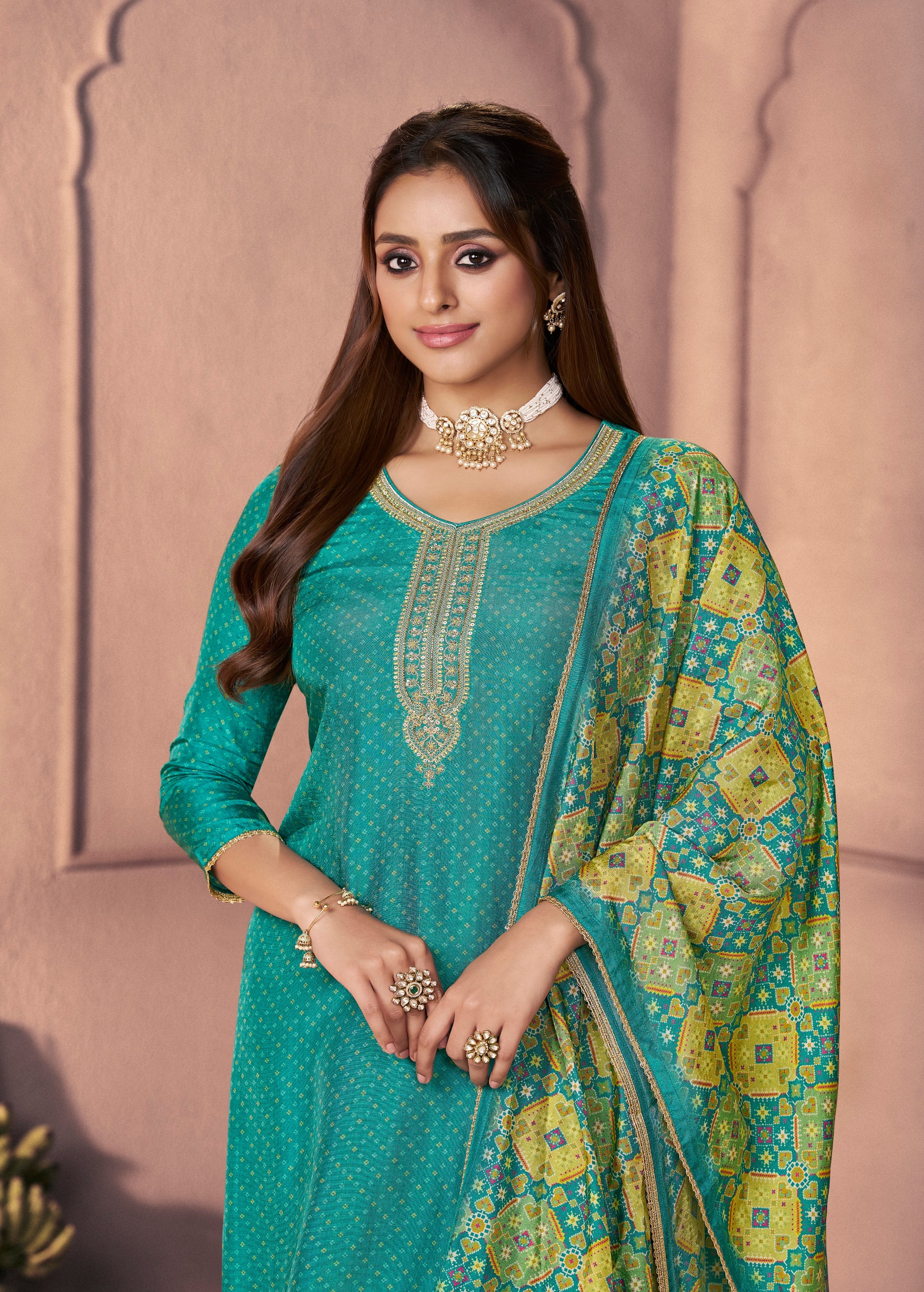 Teal Green Printed Dola Silk Pant Set - Image 2