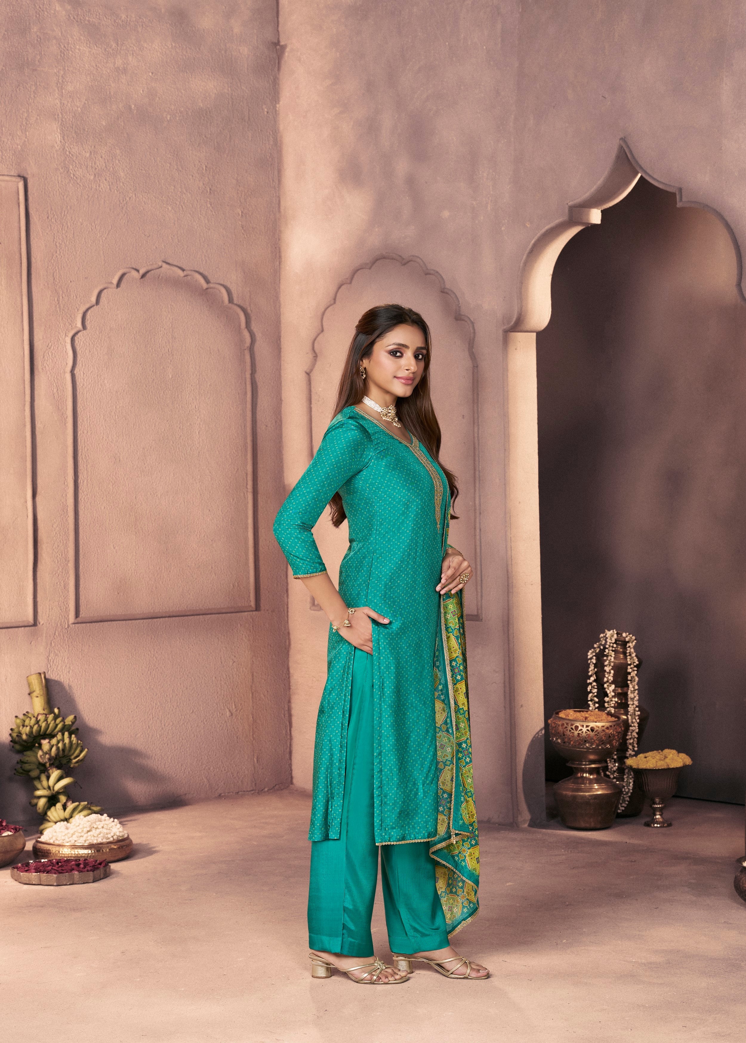 Teal Green Printed Dola Silk Pant Set - Image 3