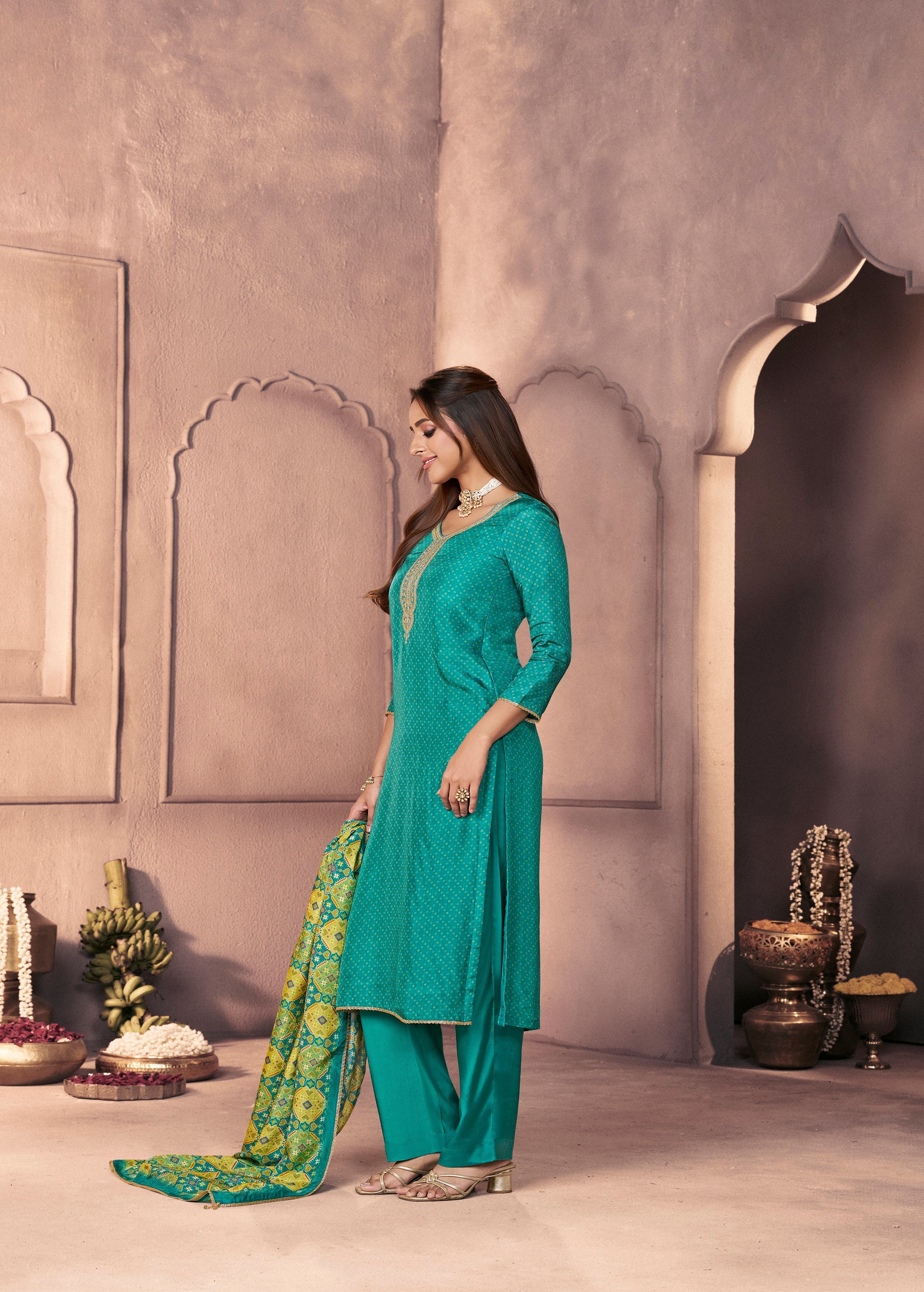 Teal Green Printed Dola Silk Pant Set - Image 4