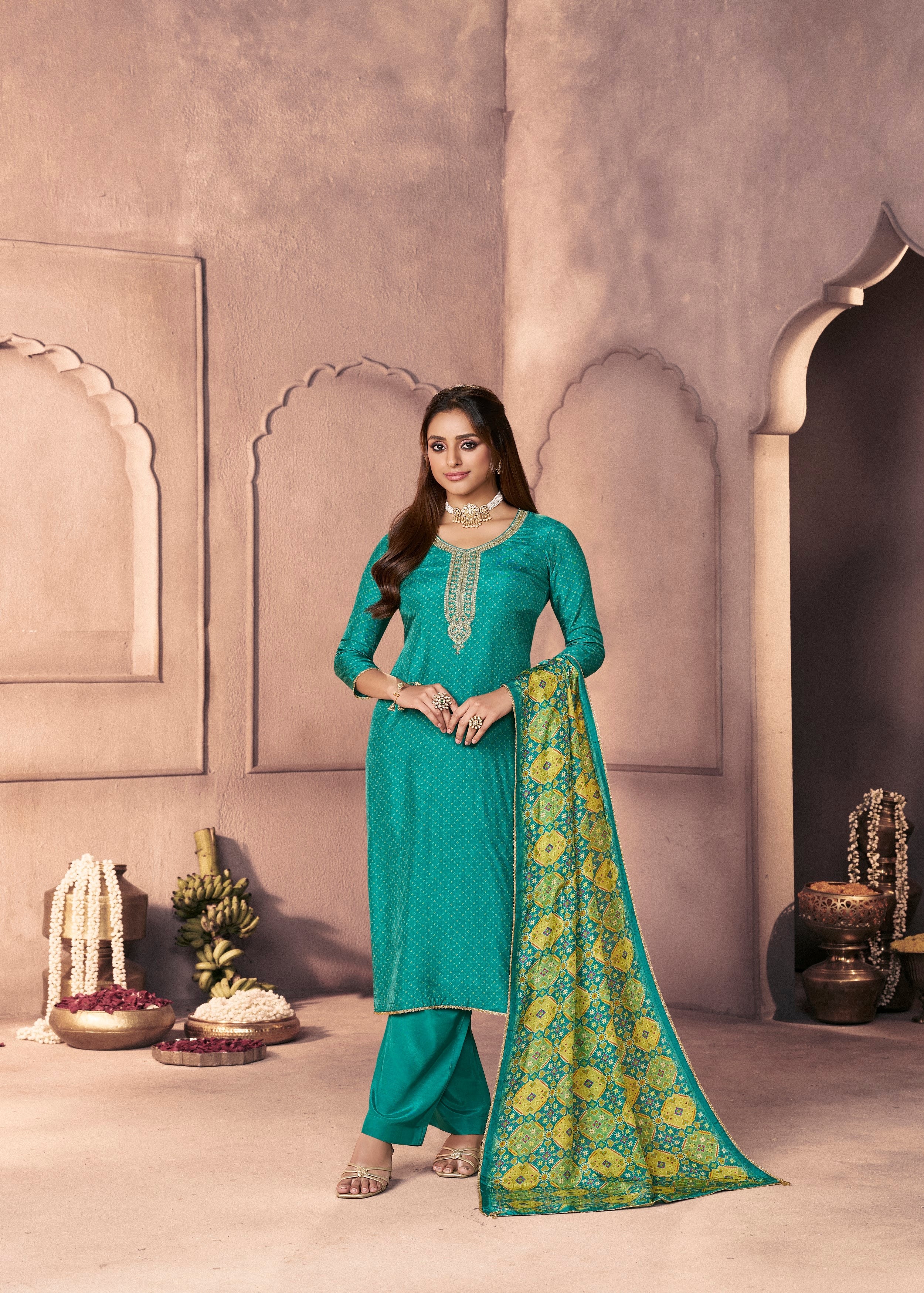 Teal Green Printed Dola Silk Pant Set - Image 5