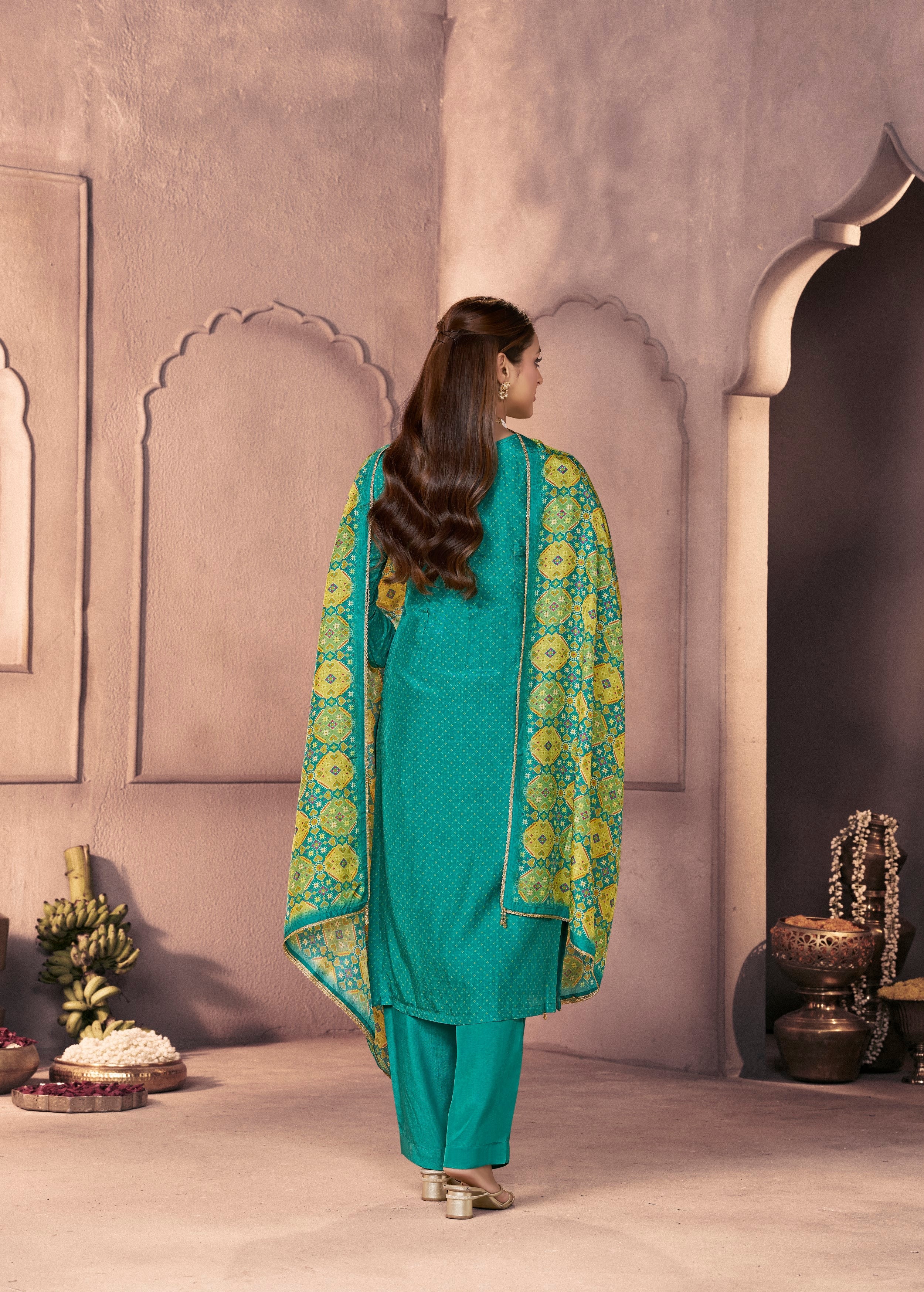 Teal Green Printed Dola Silk Pant Set - Image 6