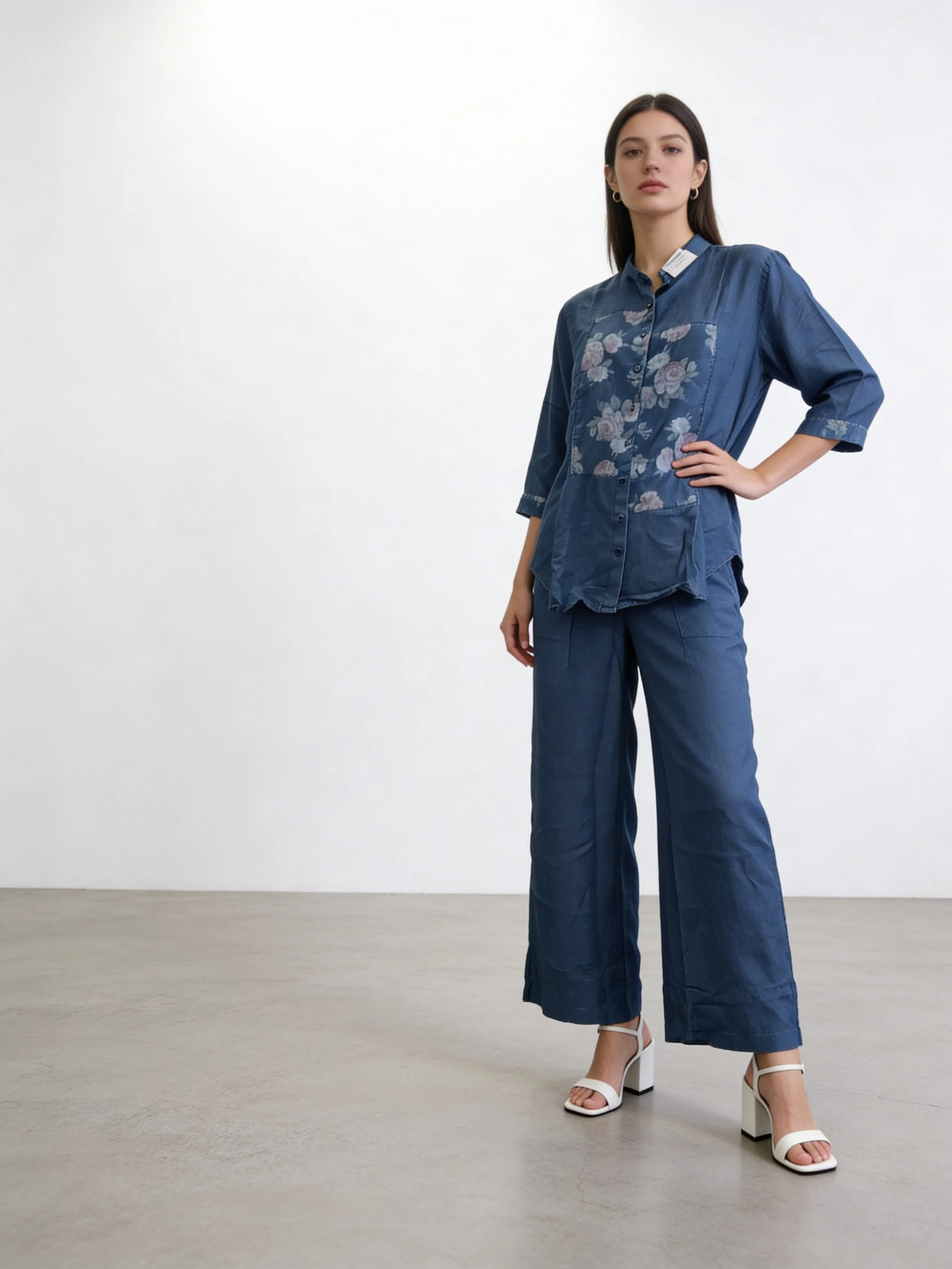 Denim Blue Printed Raw Silk Co-Ord Set - Image 2