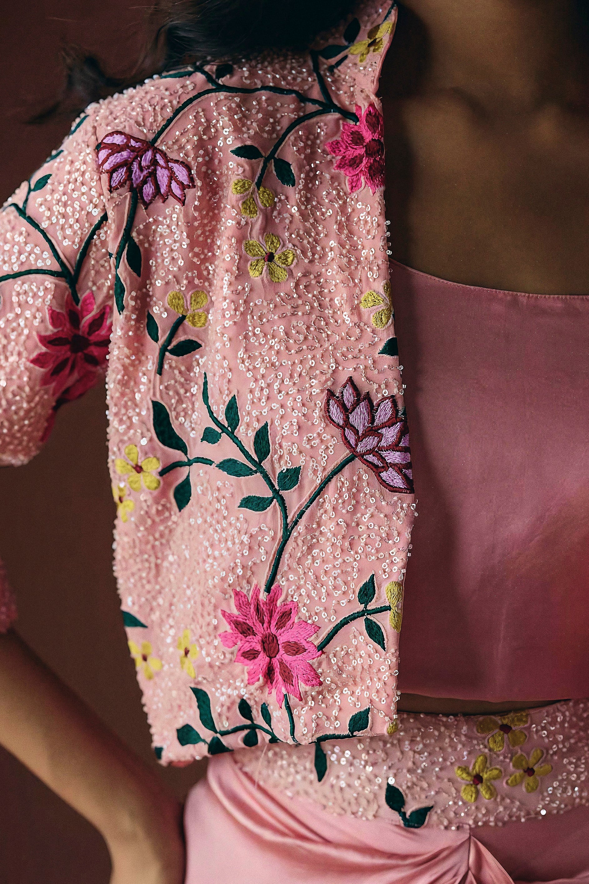 Dusty Rose Pink Embellished Satin Silk Skirt Set - Image 2