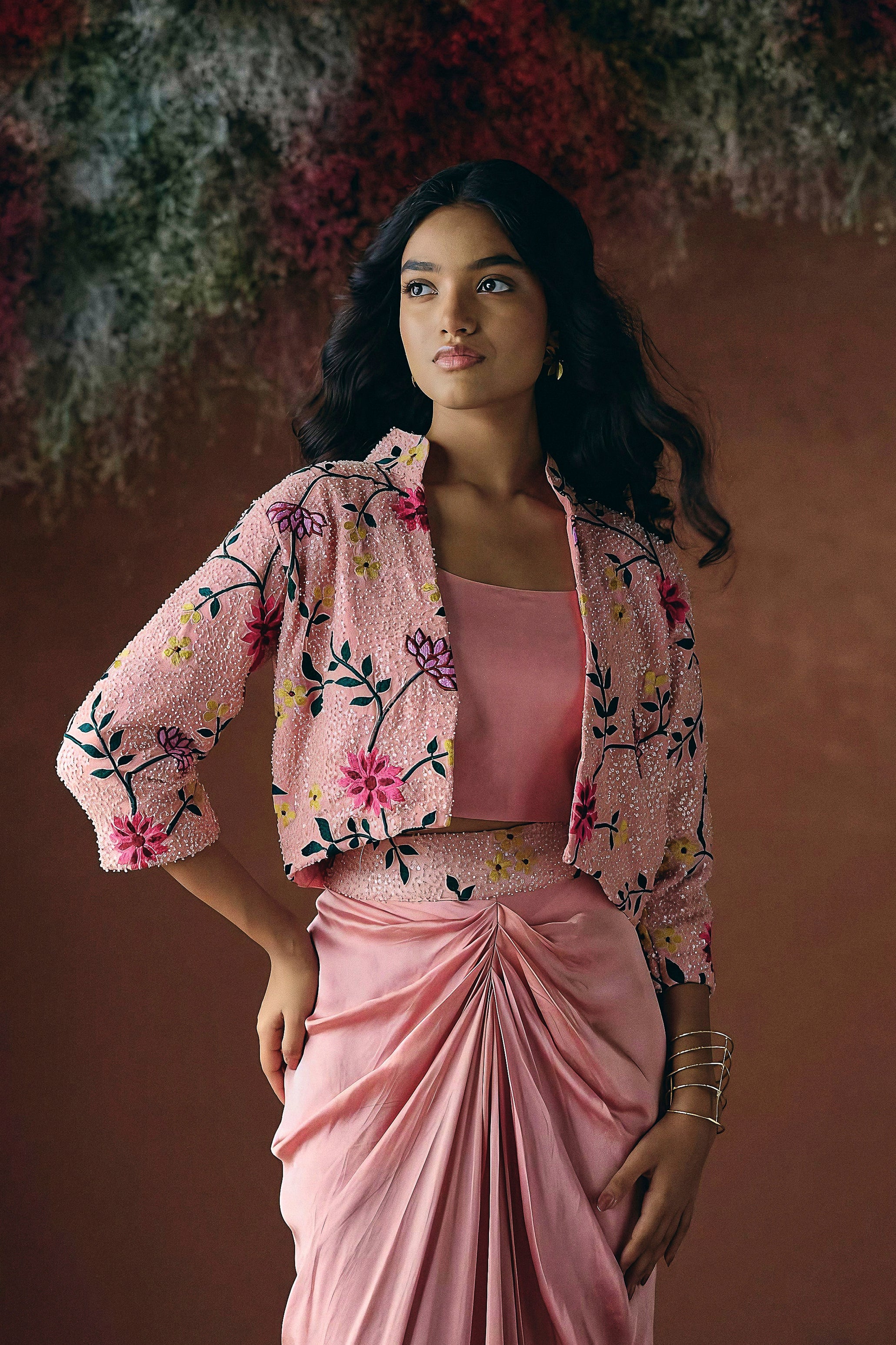 Dusty Rose Pink Embellished Satin Silk Skirt Set - Image 3