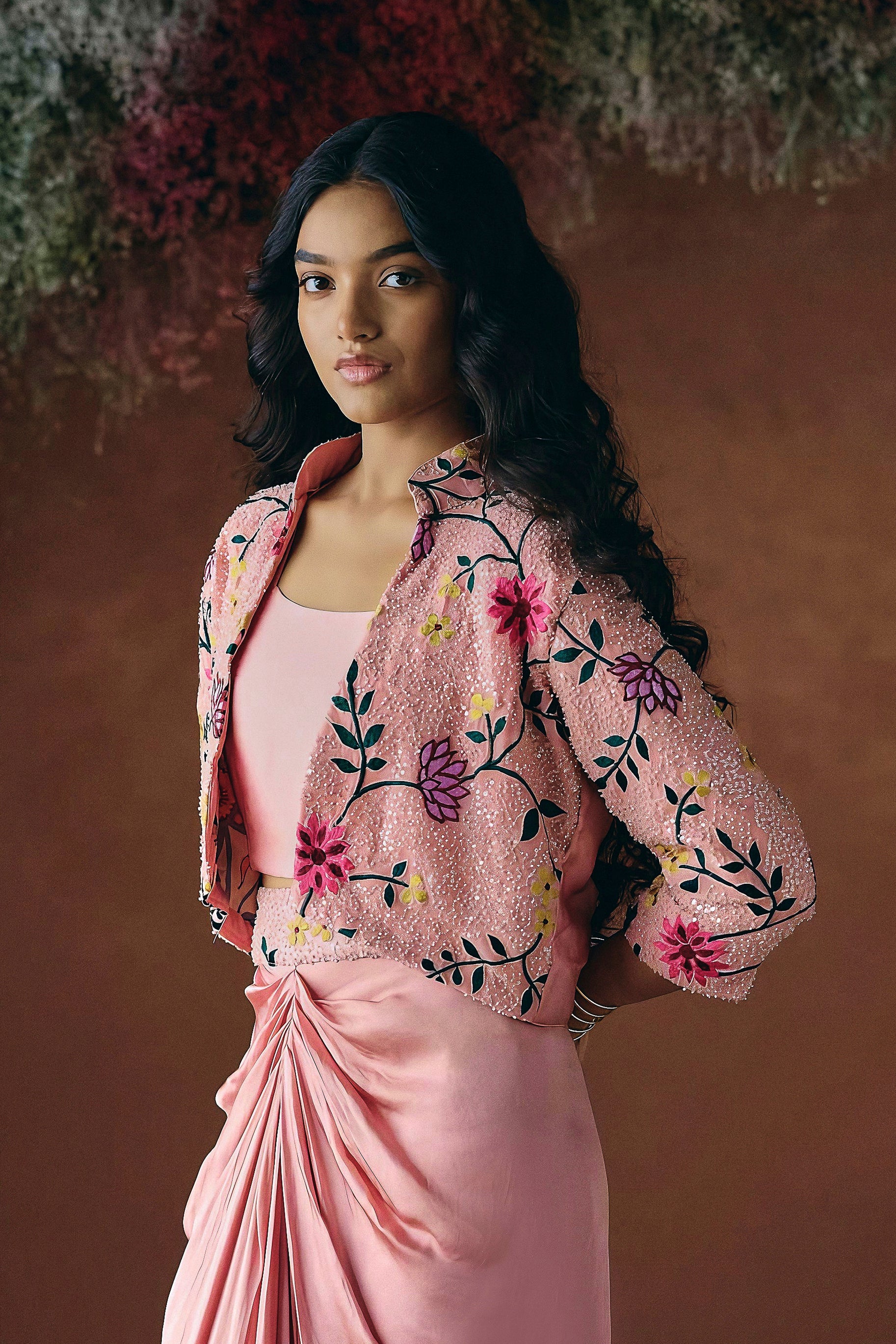 Dusty Rose Pink Embellished Satin Silk Skirt Set - Image 4